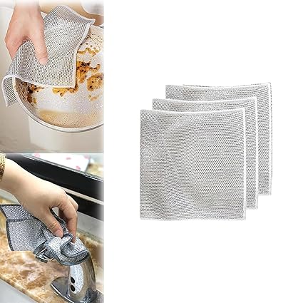 ANPI ENTERPRISE Wire Dishwashing Rags for Wet and Dry Stainless Steel Scrubber Travel Bag Non-Scratch Wire Dishcloth for Washing Dishes Sinks Counters Easy Rinsing Machine Washable (Pack of 3)