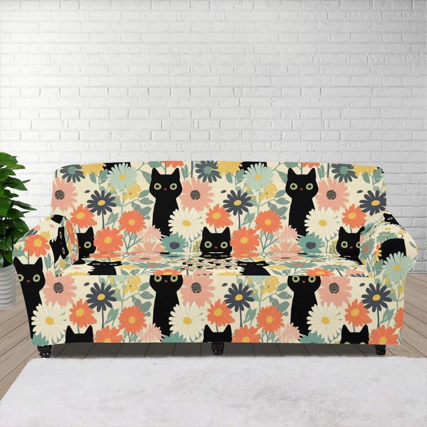GLENLCWE Floral Cat Sofa Couch Cover for 2 Cushion Couches High Stretch Sofa Slipcover with Elastic Bottom, Cute Home Accessories for Living Room Restroom