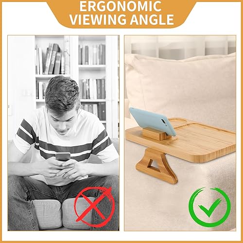 Miniatura 5 de Mesa de sofá de bambú con clip en el brazo del sofá de la mesa auxiliar con soporte giratorio de 360, bandeja de sofá para brazo, diseño único de