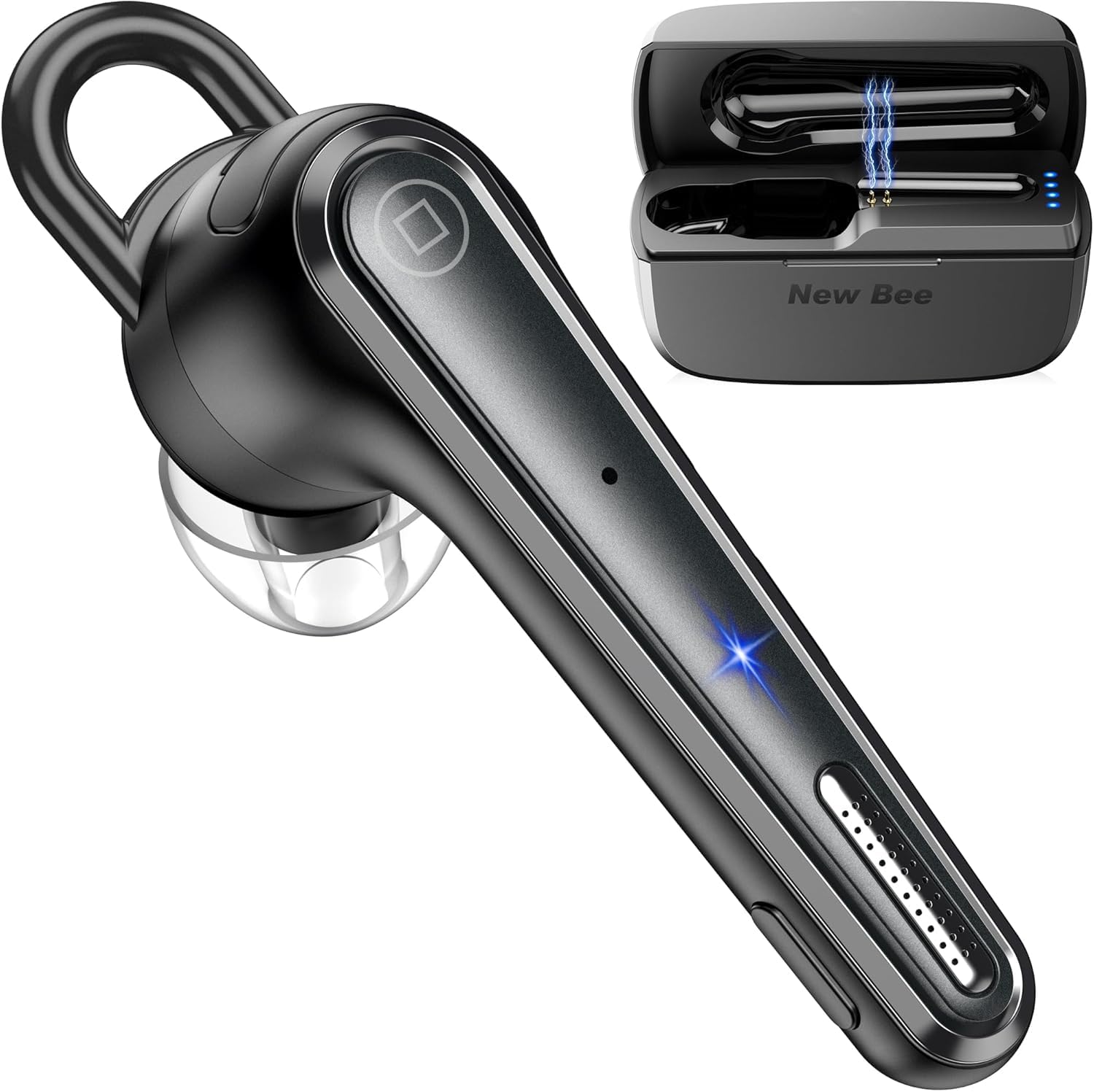 new bee bluetooth earpiece wireless bluetooth headset for cellphone with 500mah charging case led battery display, v5.1 dual mic noise cancelling single ear hand-free headset for office call
