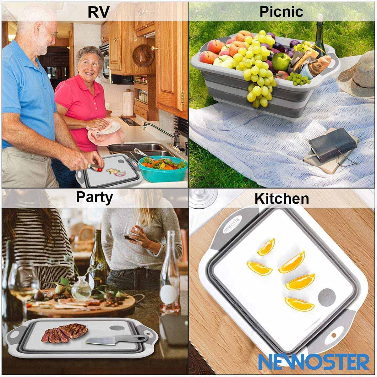 Tagliere Pieghevole Multifunzionale - Scolapiatti e Lavabo da Cucina Con Forbici, Cestino Portatile per Campeggio, Picnic, Barbecue (Grigio)