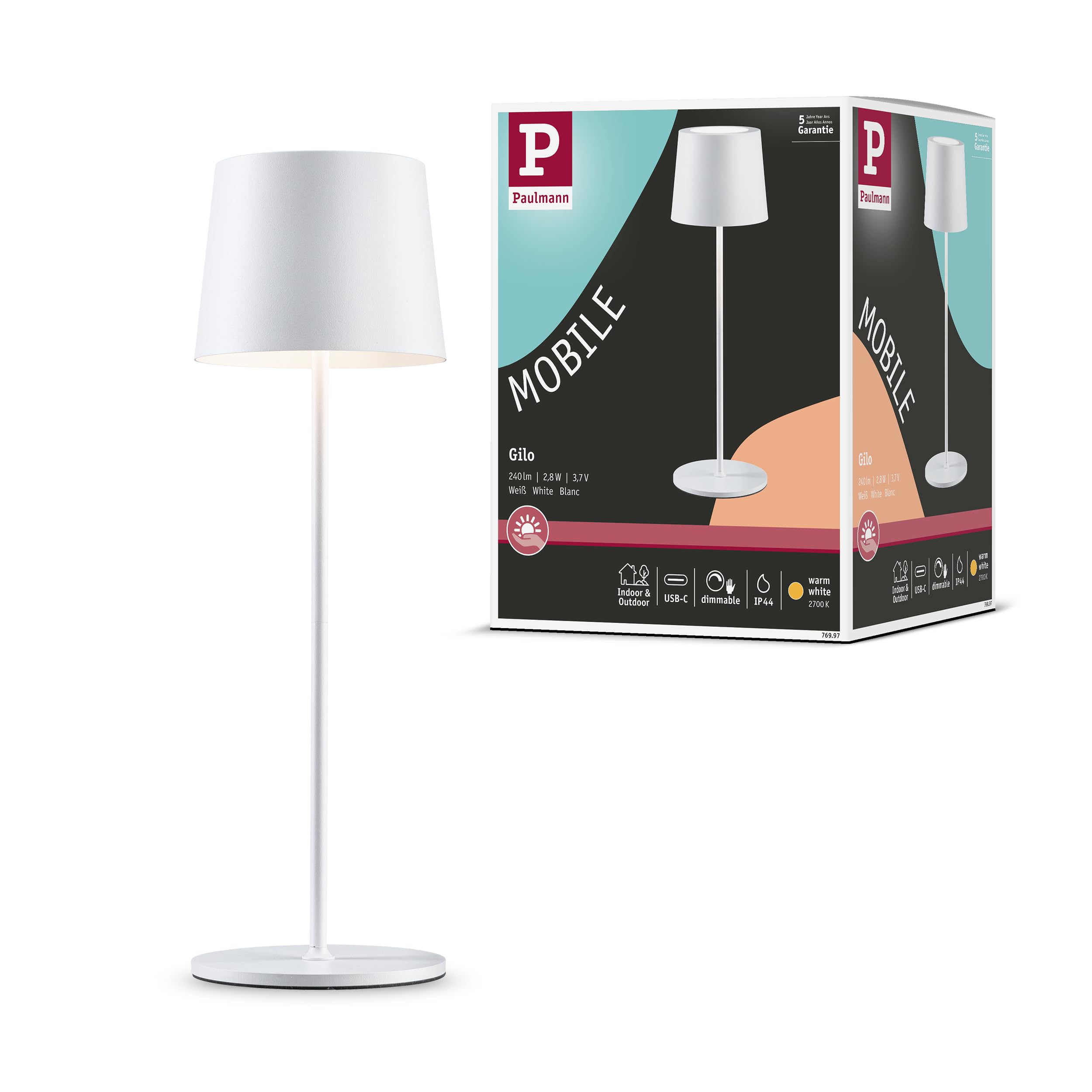 Paulmann 76997 LED Battery Table luminaire Gil IP44 2700K White matt Portable Table luminaire dimmable 2.8W USBC