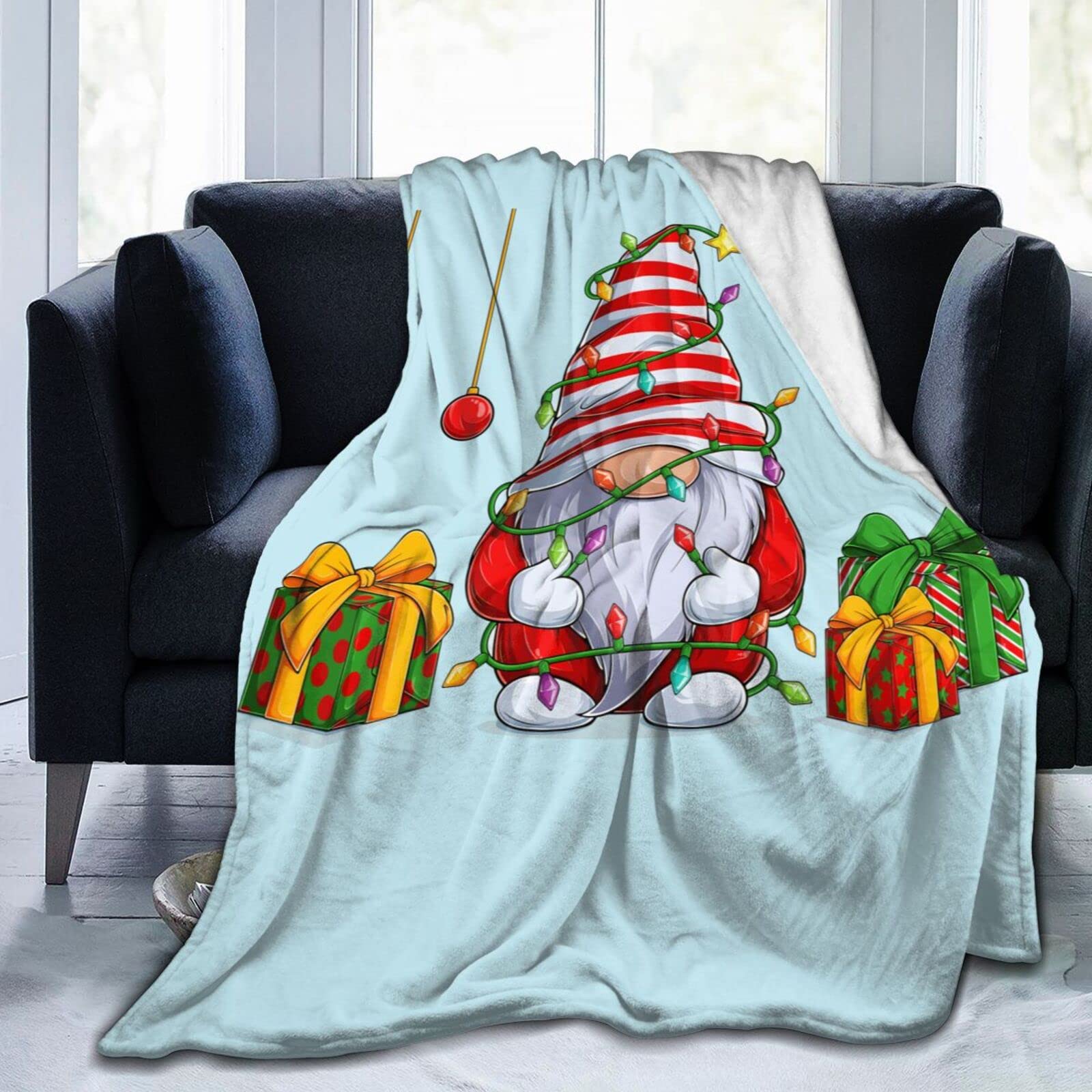 Lsjuee Christmas Gnome Throw Blanket Warm Cozy Blankets Lightweight Soft Cozy Flannel Winter Holiday Blanket for Sofa Couch Bed Office Xmas Gift 60"X50"