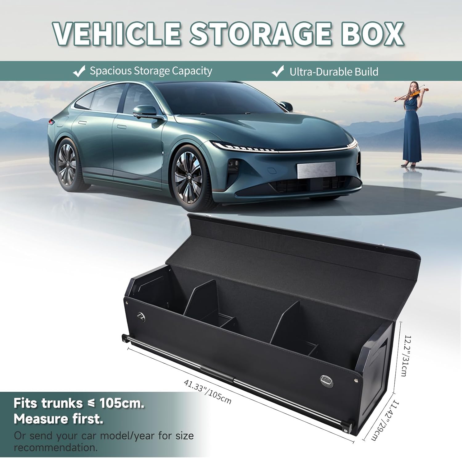 Car Boot Organiser with Lid - Multifunctional Leather Storage Box and Sturdy Handle, Premium Organiser for Travel, Camping and Shopping (Black, 105 x 29 x 31 cm) image 2