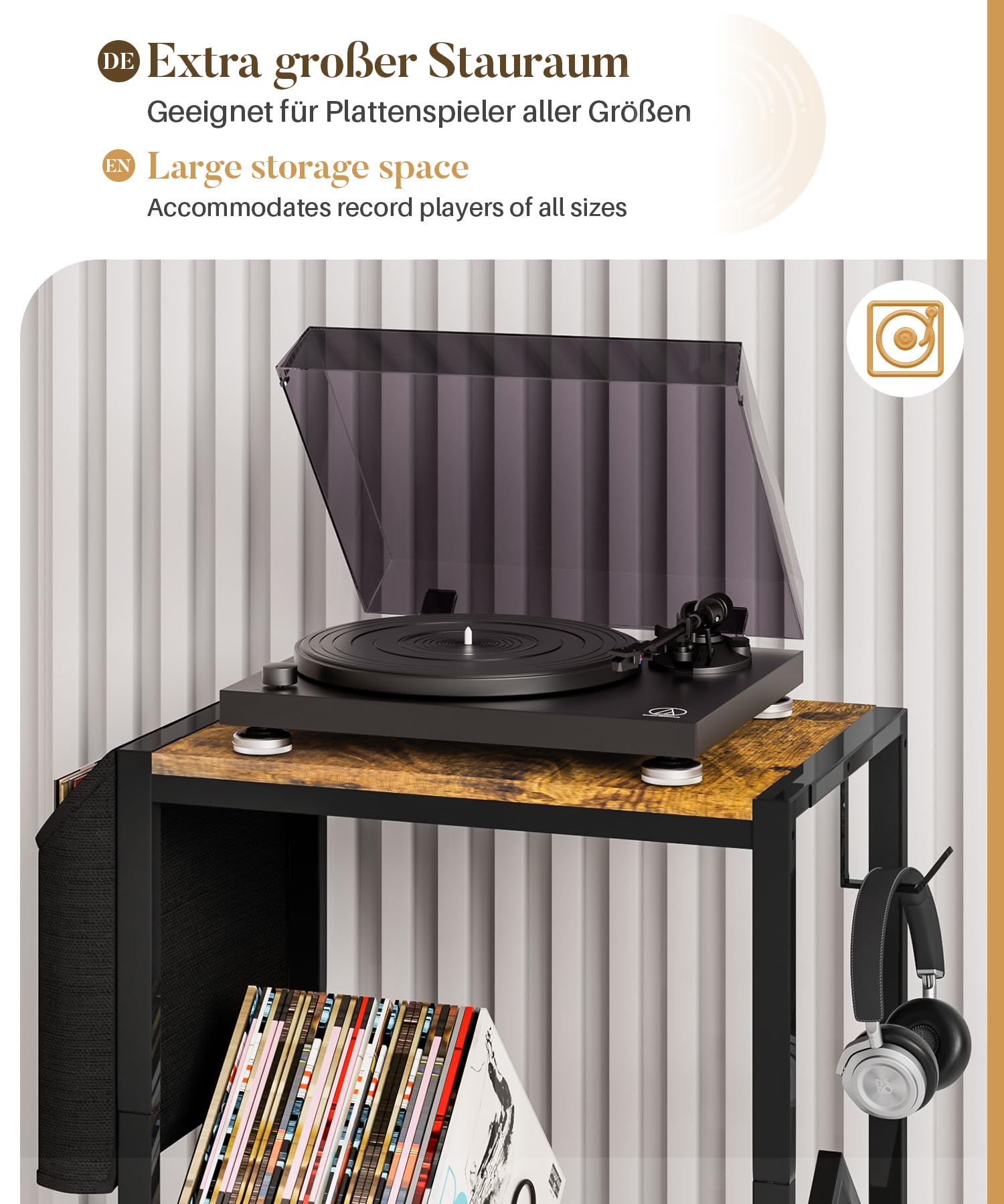 Yorbay Support pour Tourne-disques Vinyles avec Sac d’Organisation Table de Platine 2 Niveaux pour 200 Albums Disques CDs Cadeau pour Amateur de Musique Salon Chambre à Coucher - Noir