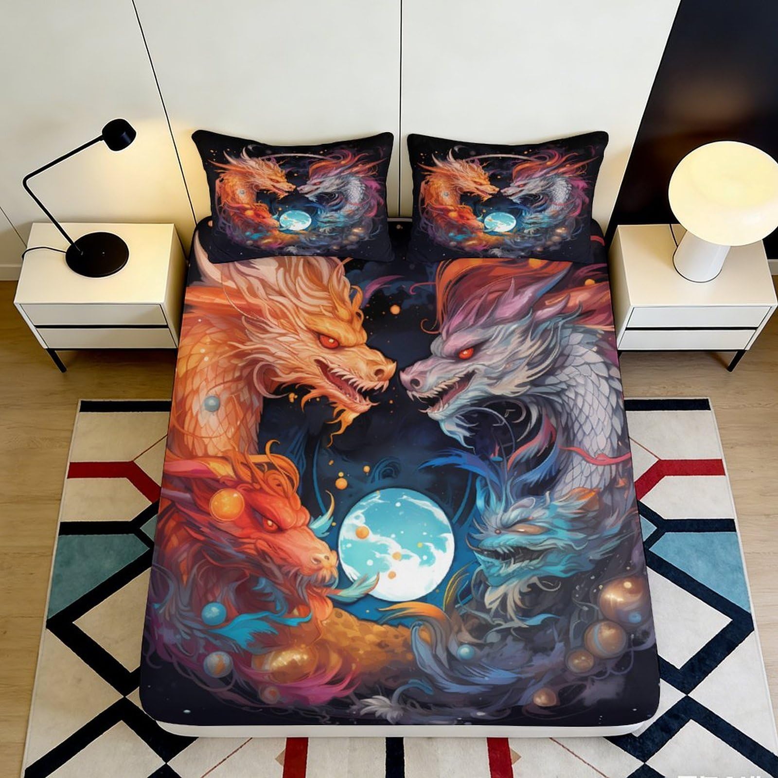 3D Printed Fire Dragon Fitted Sheet Microfiber Soft Mattress Cover Water Dragon for Bedroom Dorm Decor 120x200x25cm