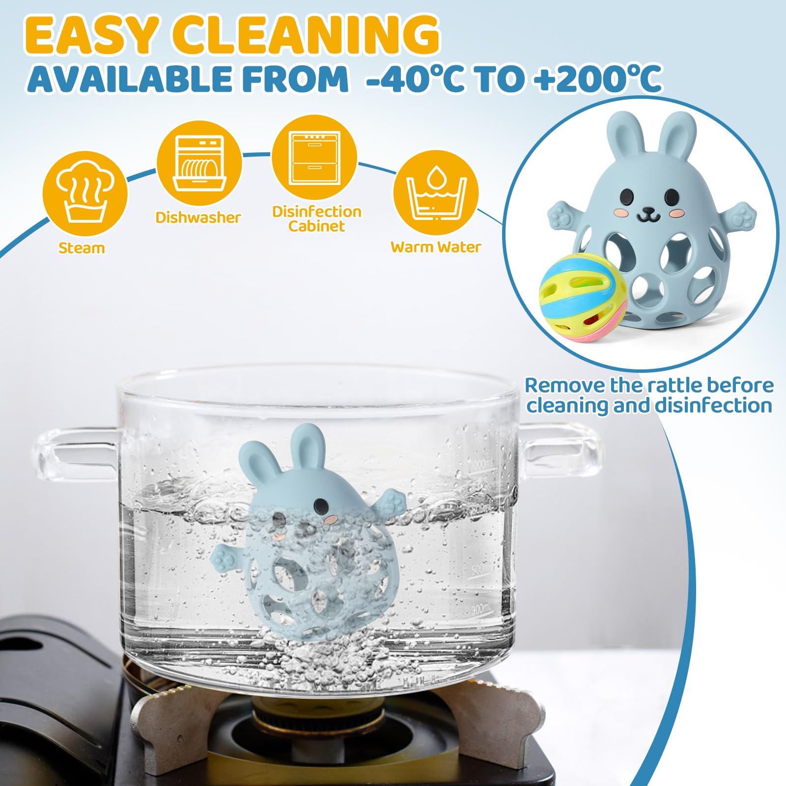 Orzbow Multiuso Massaggia Gengive Neonati Freezer, Silicone Sonaglio Neonato 0-3-6-9 mesi, Giochi Montessori con Design Openwork, Leggeri, Traspiranti, Facile Impugnare & Pulire, Blu Grigiastro