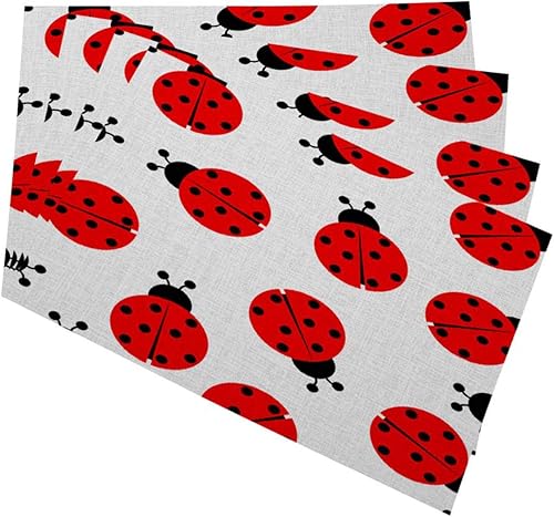 Mugod Ladybug - Juego de 4 manteles individuales de mariquita roja y negra sin costuras sobre fondo blanco, decorativas, resistentes al calor,