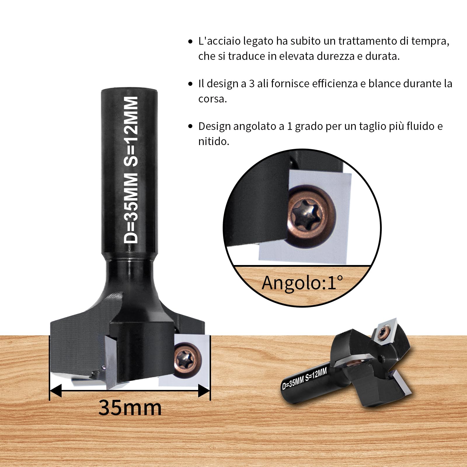 Fresa per spianare legno massello per Fresatrice verticale legno, diametro 35 mm e gambo 12 mm, Fresa per Superfici a 3 lame