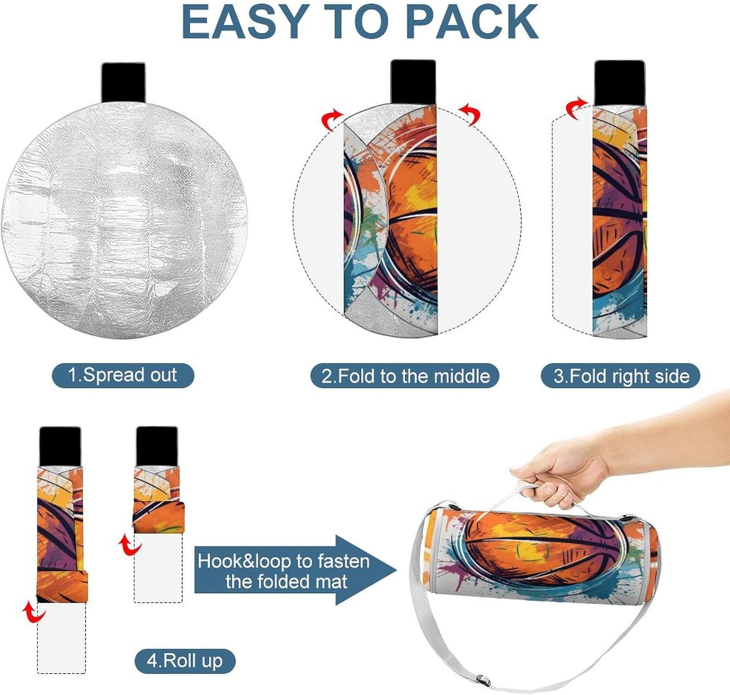 Basketball Colorful Sketch Enjoyment Picnic Blanket Foldable Outdoor Round Blankets Lightweight Beach Mats Portable Waterproof Park Sand Free Mat for Camping Hiking Sports Activities