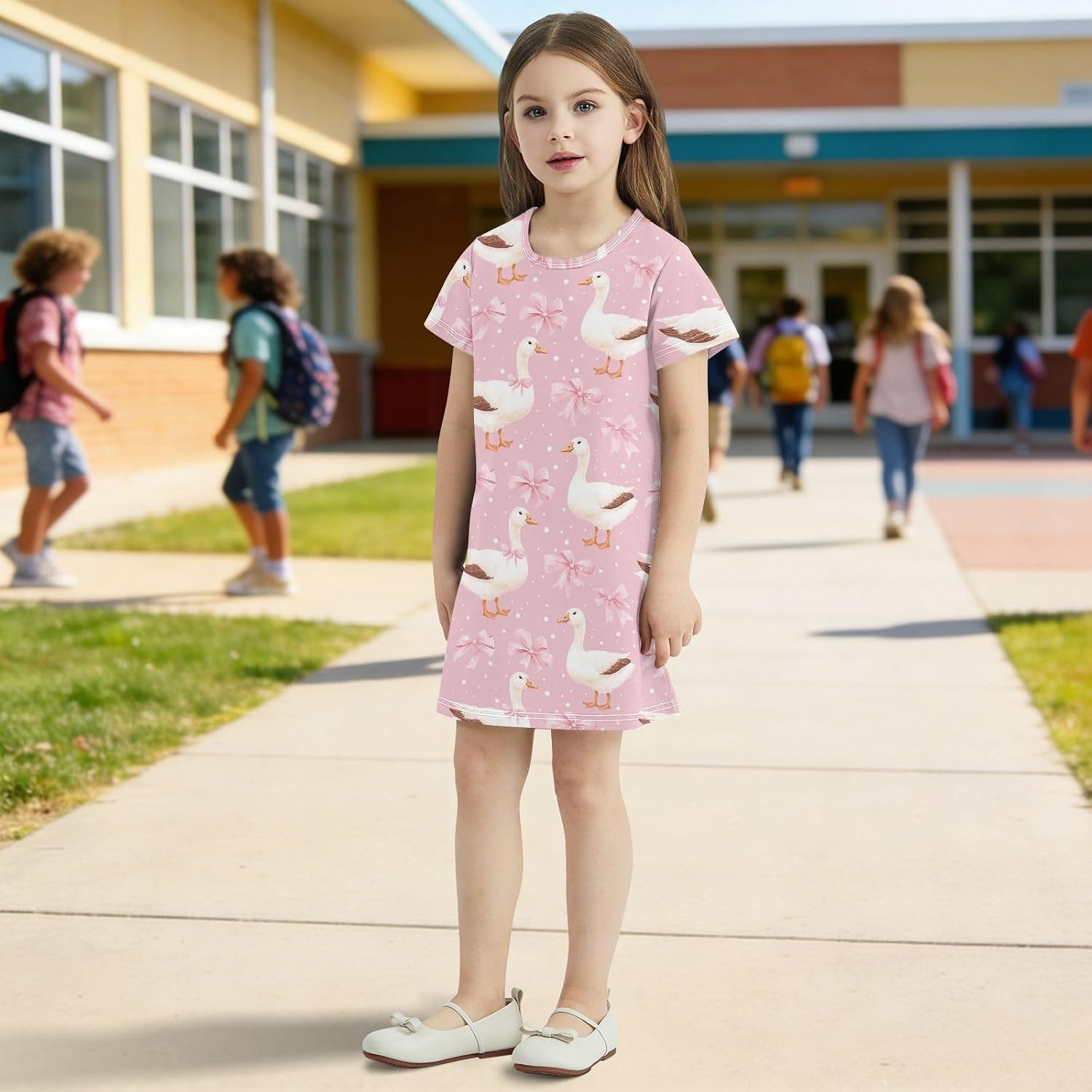 Geese and Bows Girls Dresses Summer Dresses for Girls with Cotton Short Sleeves for Casual a Line Dress Size 2-8Y