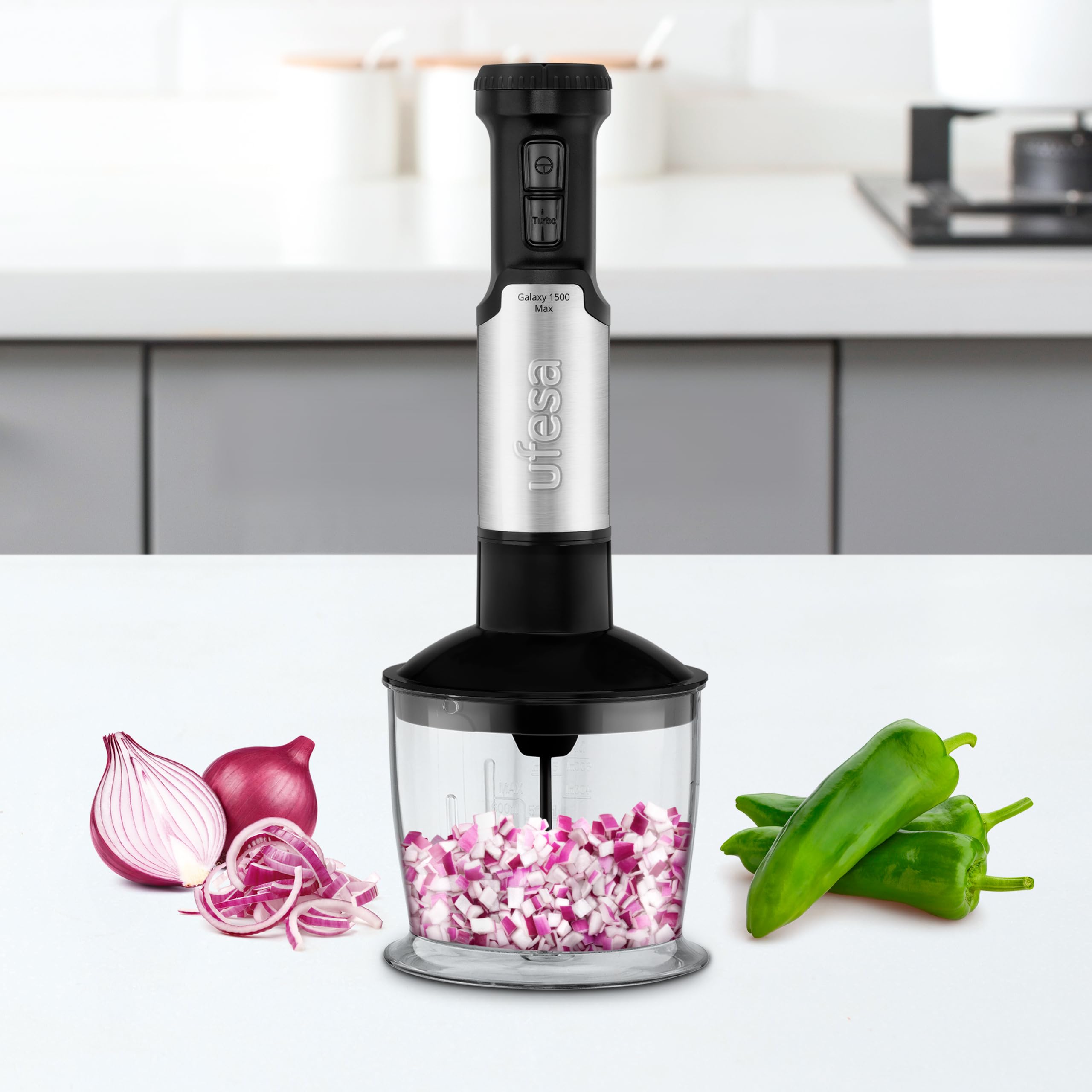 Ufesa Galaxy Max Batidora de Mano, Potencia 1500 W, Control de 24 velocidades + TURBO, 4 Cuchillas de Alta Eficiencia, Diseño Ergonómico y Anti Salpicaduras, Accesorios Incluidos, Sin BPA