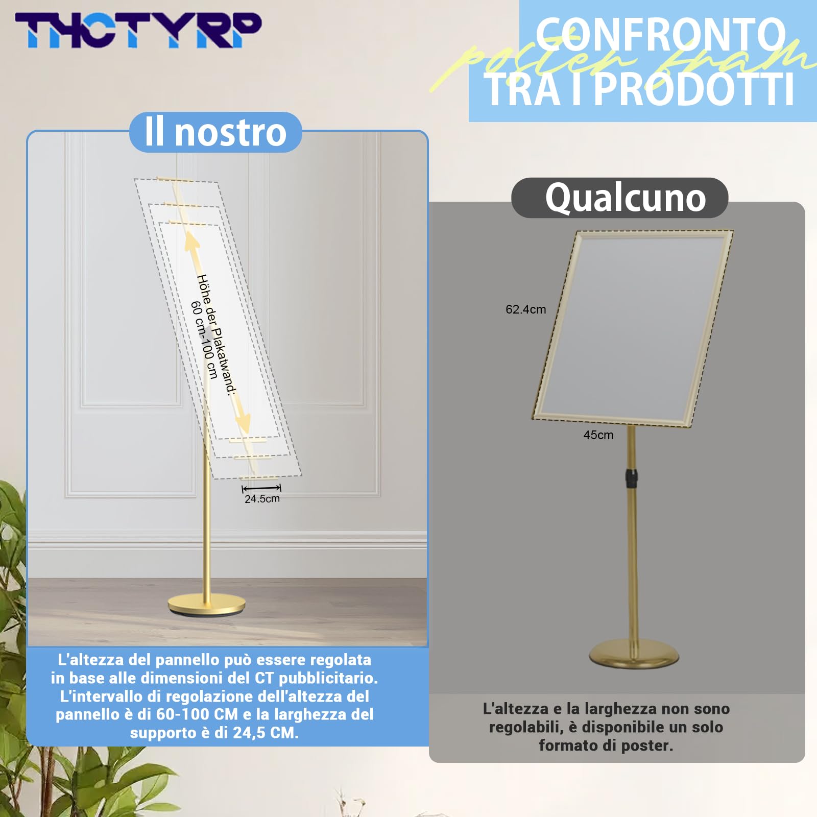 Cartello in piedi, supporto per cartelli per esterni, regolabile in altezza 60-100, altezza regolabile 100-190 cm, altezza del supporto 135-160, fondo rotondo Φ28 cm (oro)
