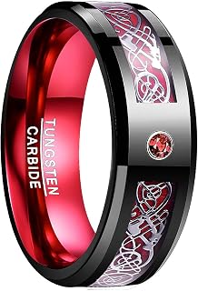 8mm Tungsten Wedding Rings for Men Women Celtic Dragon Engagement Rings Red Carbon Fiber and Cubic Zirconia Inlay Comfort Fit Size 6-16