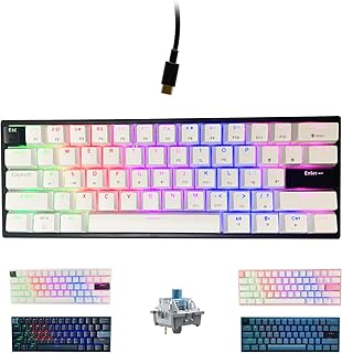 ONE-UP ポータブル 60% メカニカル ゲーミングキーボード LED バックライト コンパクト 61キー ミニ 有線 オフィスキーボード ブルースイッチ付き PBTキーキャップ Windows ノートパソコン PC Mac用 (ホワイト/ブラック)