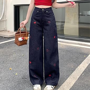 Women's Cute Casual High Waisted Wide Leg Jeans Y2K Vintage Kawaii Heart Embroidered Baggy Denim Pants