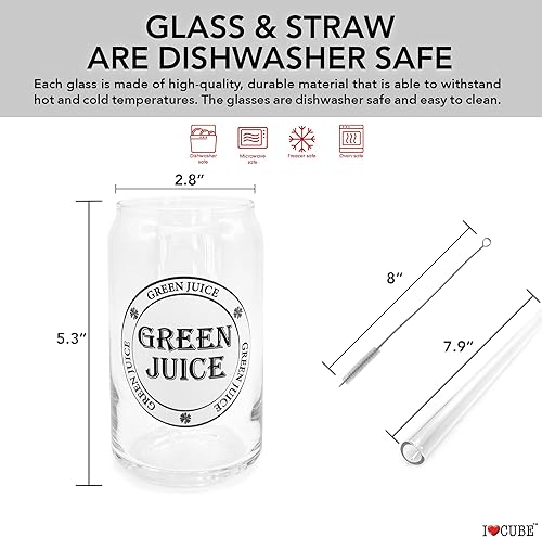 Miniatura 7 de I CUBE A Glass A Lid A Straw - Juego de 4 vasos de vidrio en forma de lata de 16 onzas taza de batido jugo verde taza de agua taza de bebida