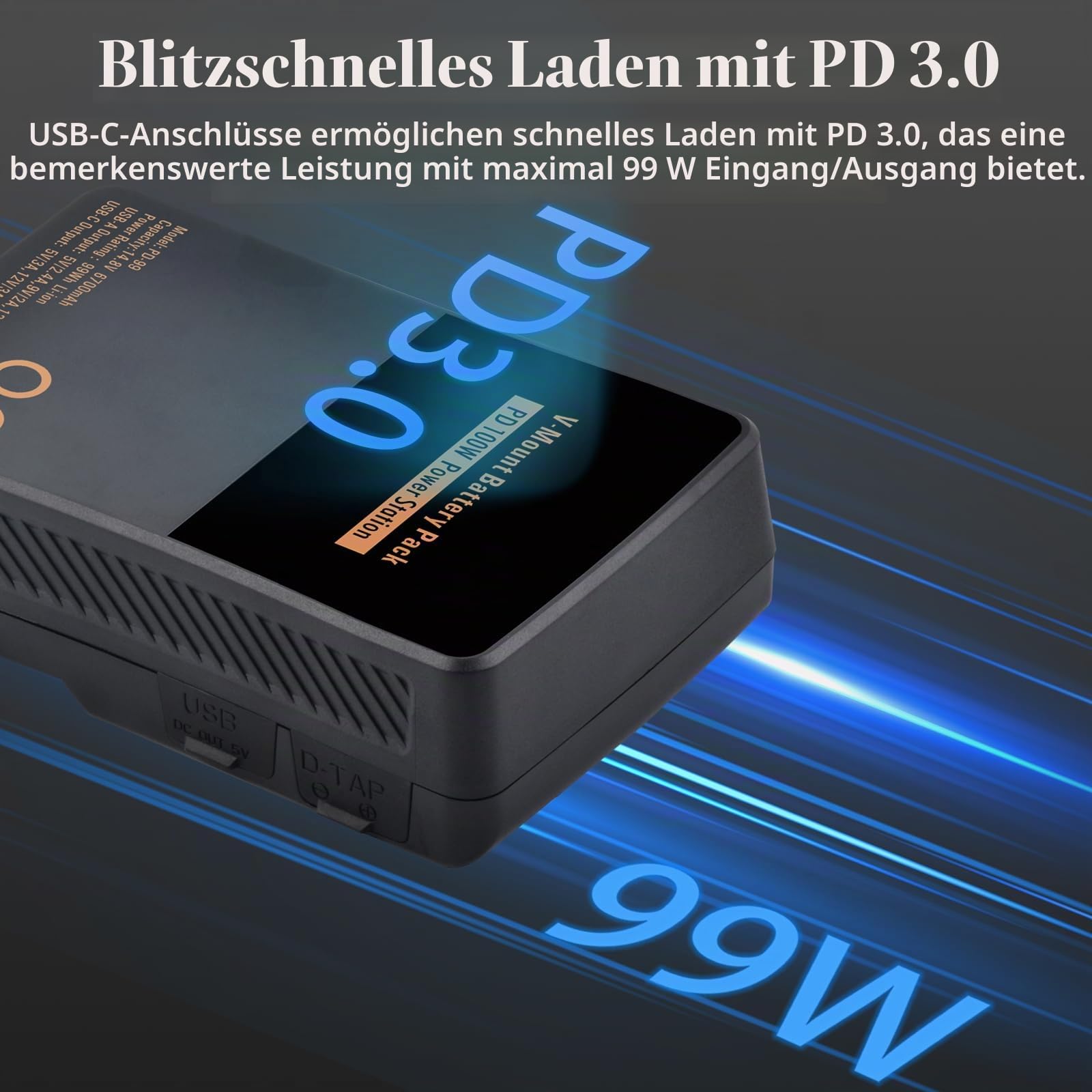 V Mount/V-Lock Akku 99Wh 6700mAh Mini V-Mount Batterie mit PD 100W USB-C Schnellladekabel und PD 65W Stecker für Camcorder, Kamera, Feldmonitor, Videolicht