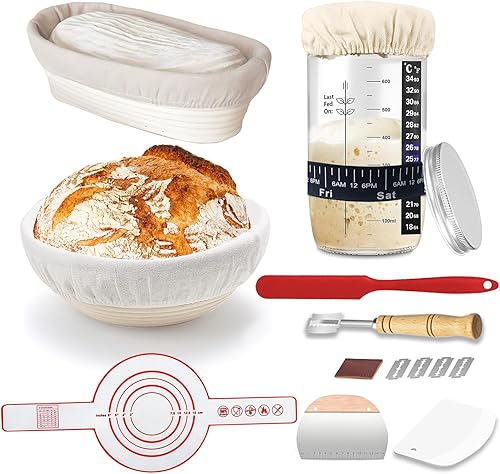 Kit de inicio de masa madre, suministros para hornear pan de masa madre incluye tarro de inicio de masa madre de 24 onzas, 2 cestas redondas de 9