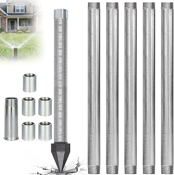 Well Drive Point Kit, 1-1/4 Inch Stainless Steel Sand Point Well With 60 Gauze Mesh, 36 Inch Length Pipe, Heavy Duty Shallow With Galvanized Pipes And Couplings, Irrigation(1+5 Pipes6m (20ft))