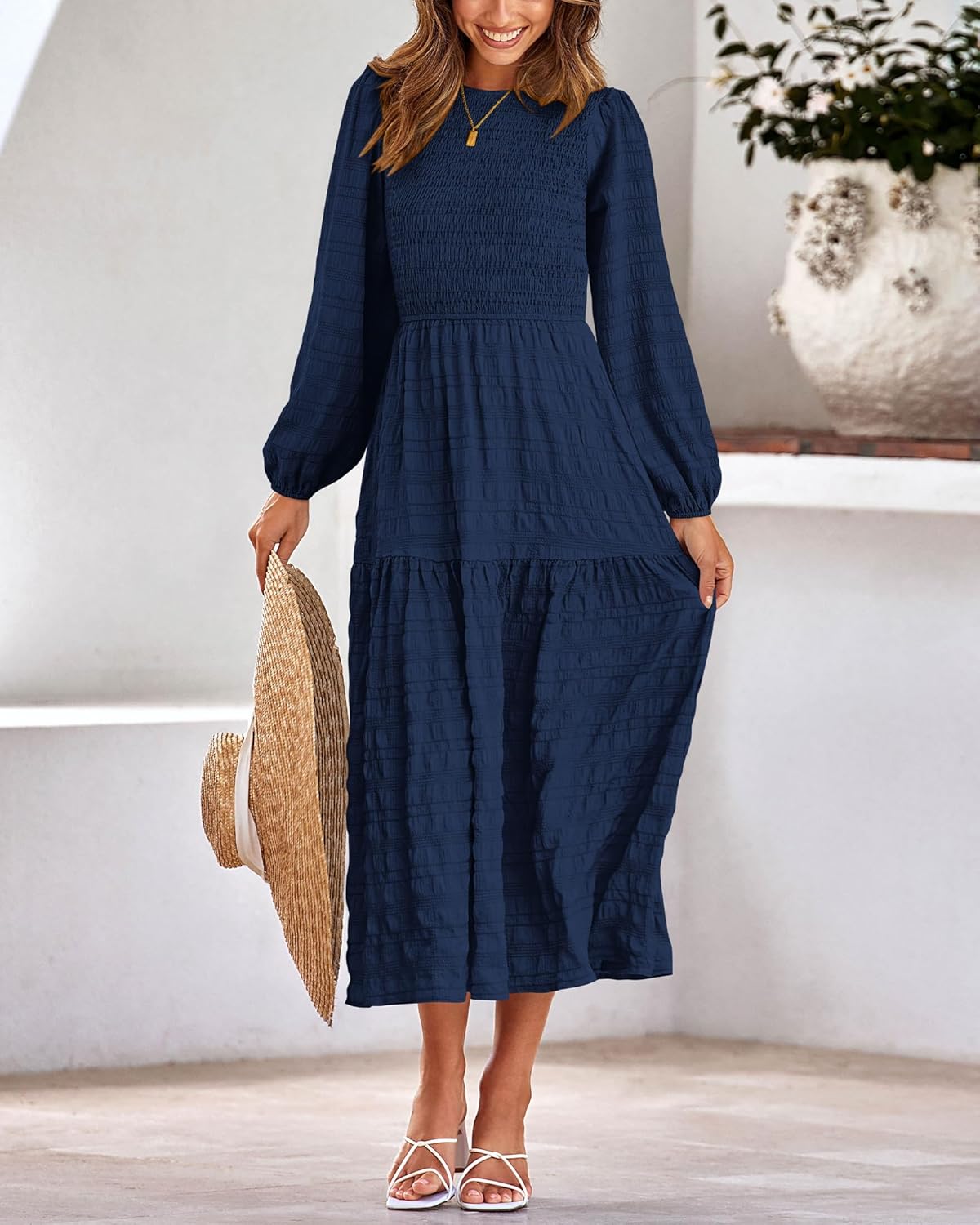 dowerme Women's Dresses 2026 Spring Puff Long Sleeve Crewneck Smocked Tiered Flowy A-Line Boho Wedding Party Maxi Dress - Image 3