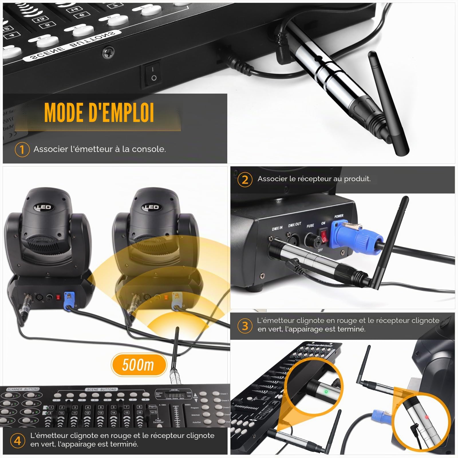 UKing Contrôleur DMX sans fil avec boîtiers, émetteur/récepteur DMX512,Contrôleur d'éclairage LED avec Contrôleur DMX pour Feu à tête mobile, éclairage de scène, Lumière disco DMX 512/384 Controller
