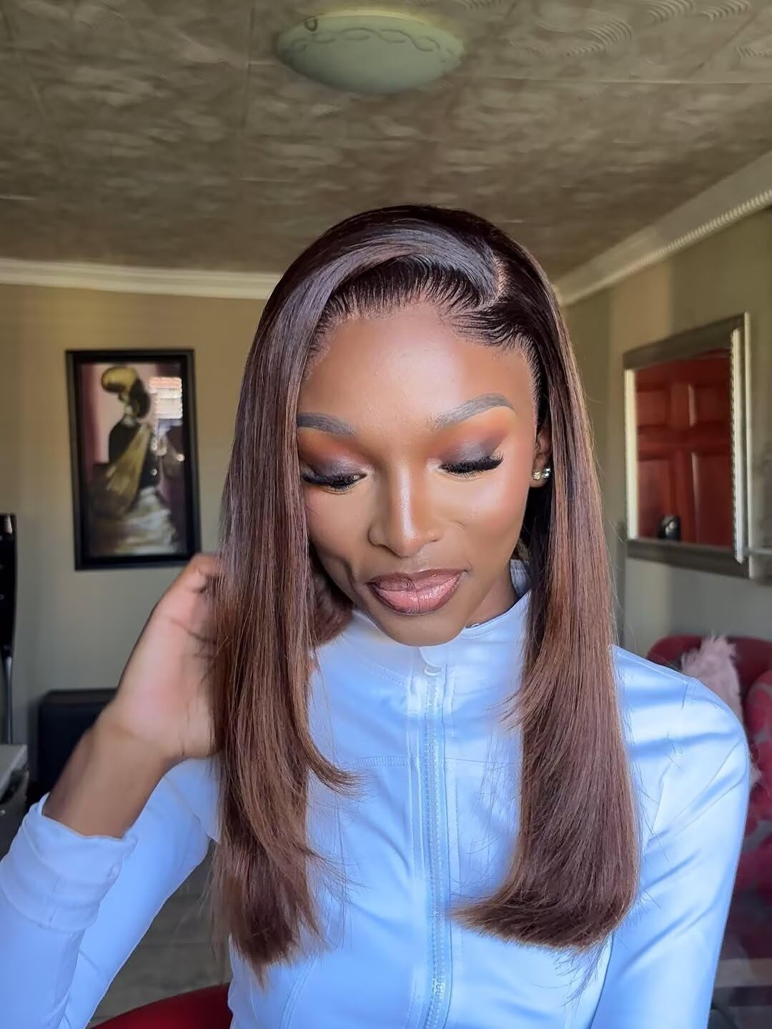 Layered Cut Straight Human Hair Lace Front Wig #1B/30 Ombre Color M Shaped Logos Hairline Real Skinlike HD 13X4 Full Lace Frontal Wig Ombre Brown Brazilian Remy Hair Wigs Bleached Knots 18Inch