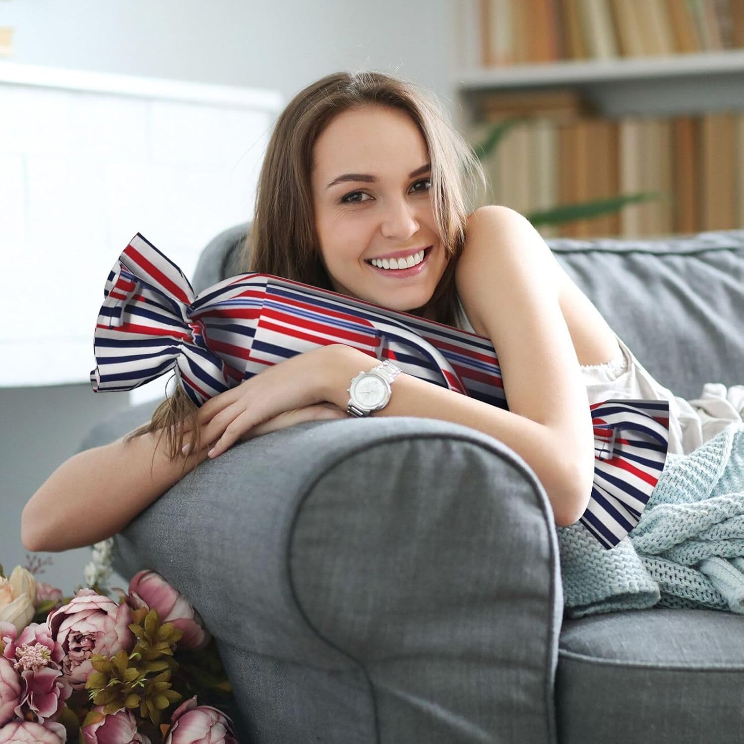 Red Blue White Gray Stripes Print Candy Cylindrical Eco-Friendly Pillow Soft Velvet Living Room Bedroom Travel Decor