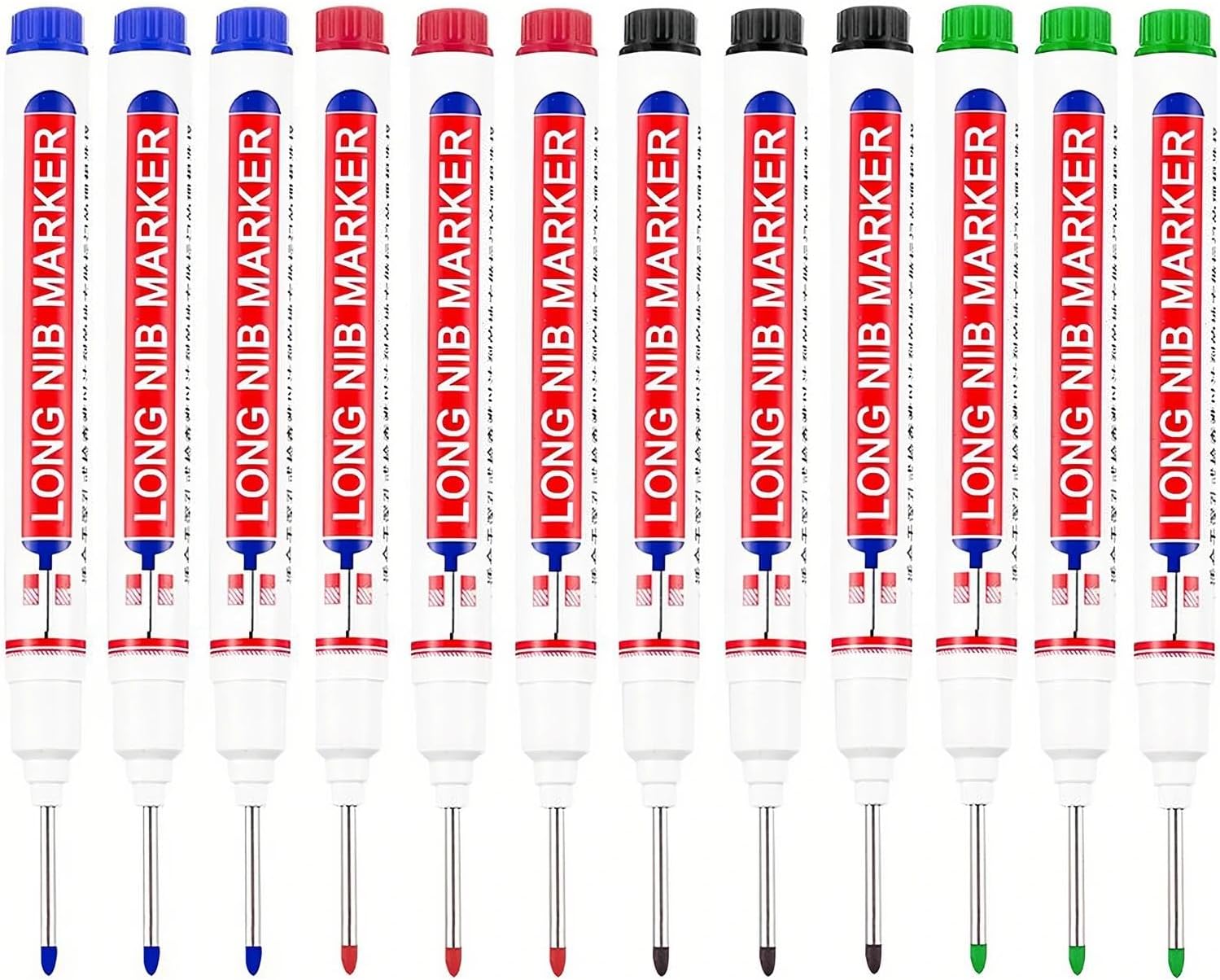 12 Pcs Long Head Deep Hole Marker Pens, Extended Nib Permanent Markers Waterproof Quick Dry Colorful Carpenter Pen for Construction Bathroom Tile Decoration
