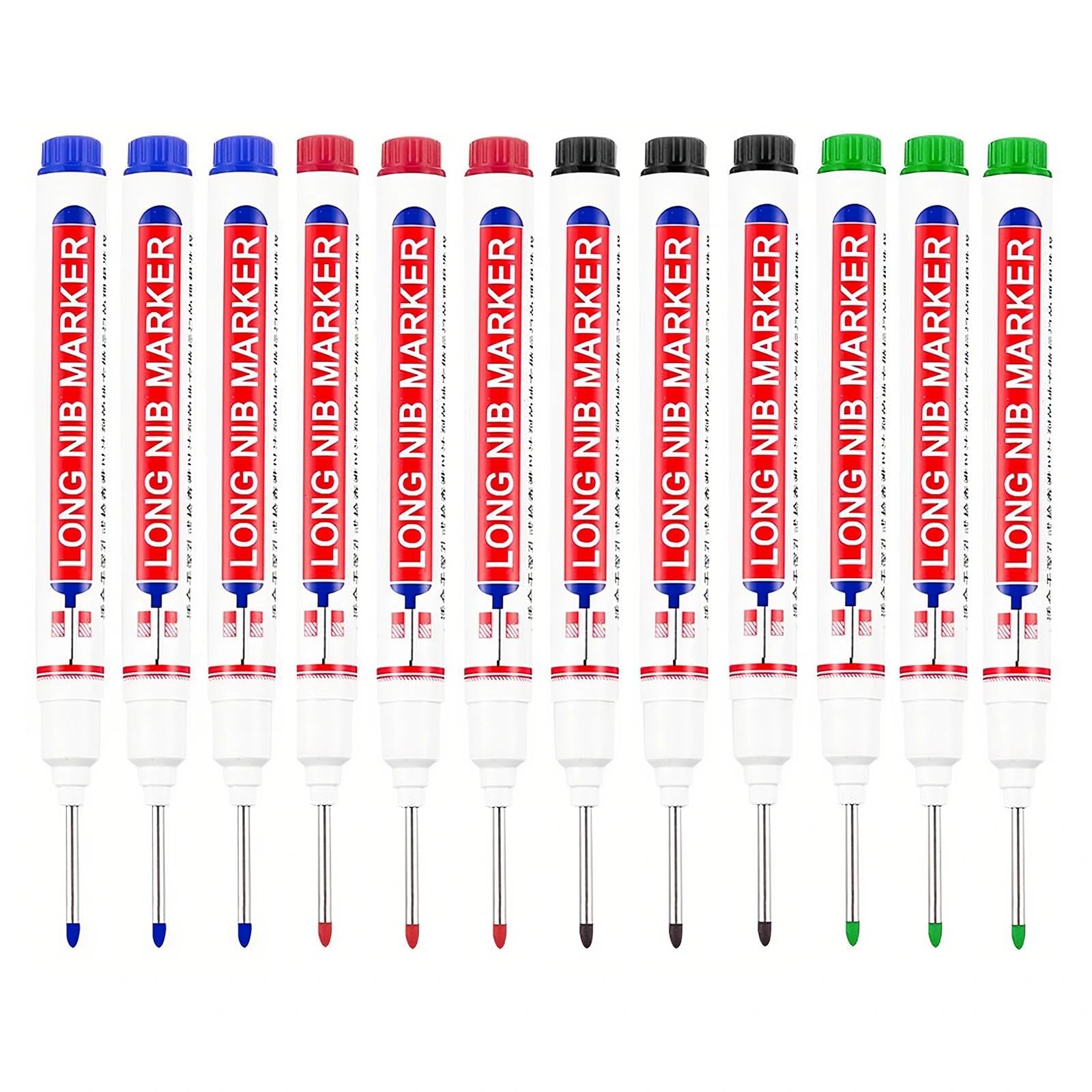 LINISITING 12 Pcs Long Head Deep Hole Marker Pens, Extended Nib Permanent Markers Waterproof Quick Dry Colorful Carpenter Pen for Construction Bathroom Tile Decoration