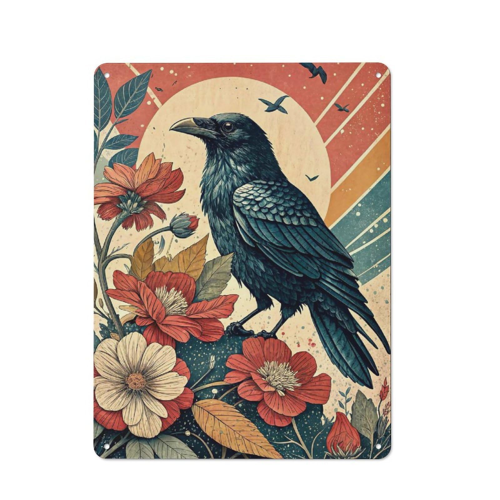 Raven And Flowers Vintage Metal Sign 40x30cm, Bistro Style Bistro Wall Plaque for Cafe, Bistro, Bakery Or Restaurant