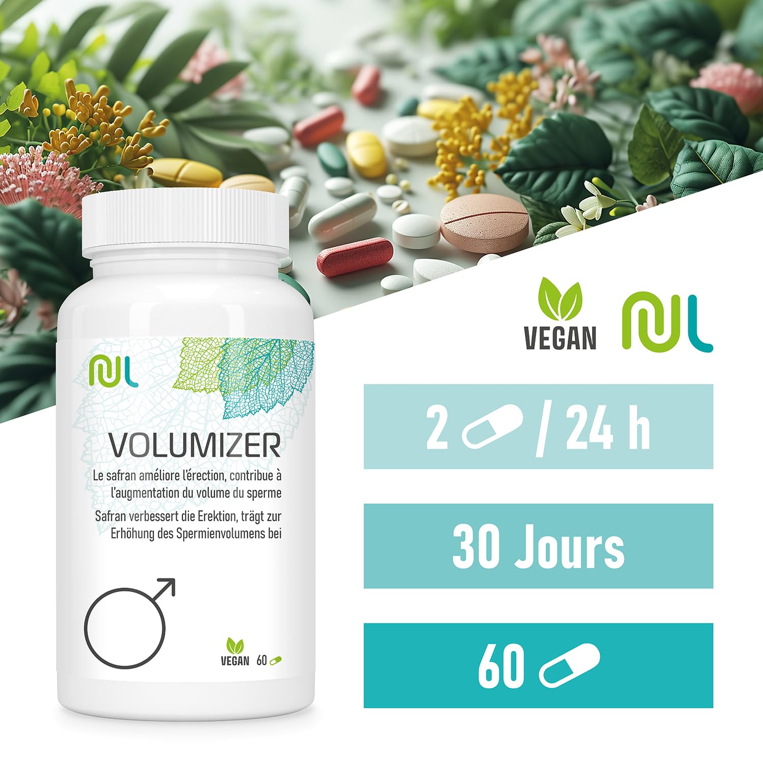 Volumizer - 60 Gélules Végétales - Complexe Homme avec Sélénium, Zinc, Safran et Plantes Naturelles - Soutien Vitalité et Bien-Être Masculin - Sans Gluten - Fabriqué en France - Nutri Life