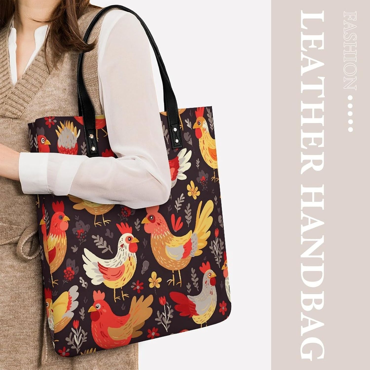 Cute Rooster Chickens Handbags Large Capacity, Tote Bag Stylish Slouchy, Shoulder Bags for Work Beach Travel And Shopping Grocery.