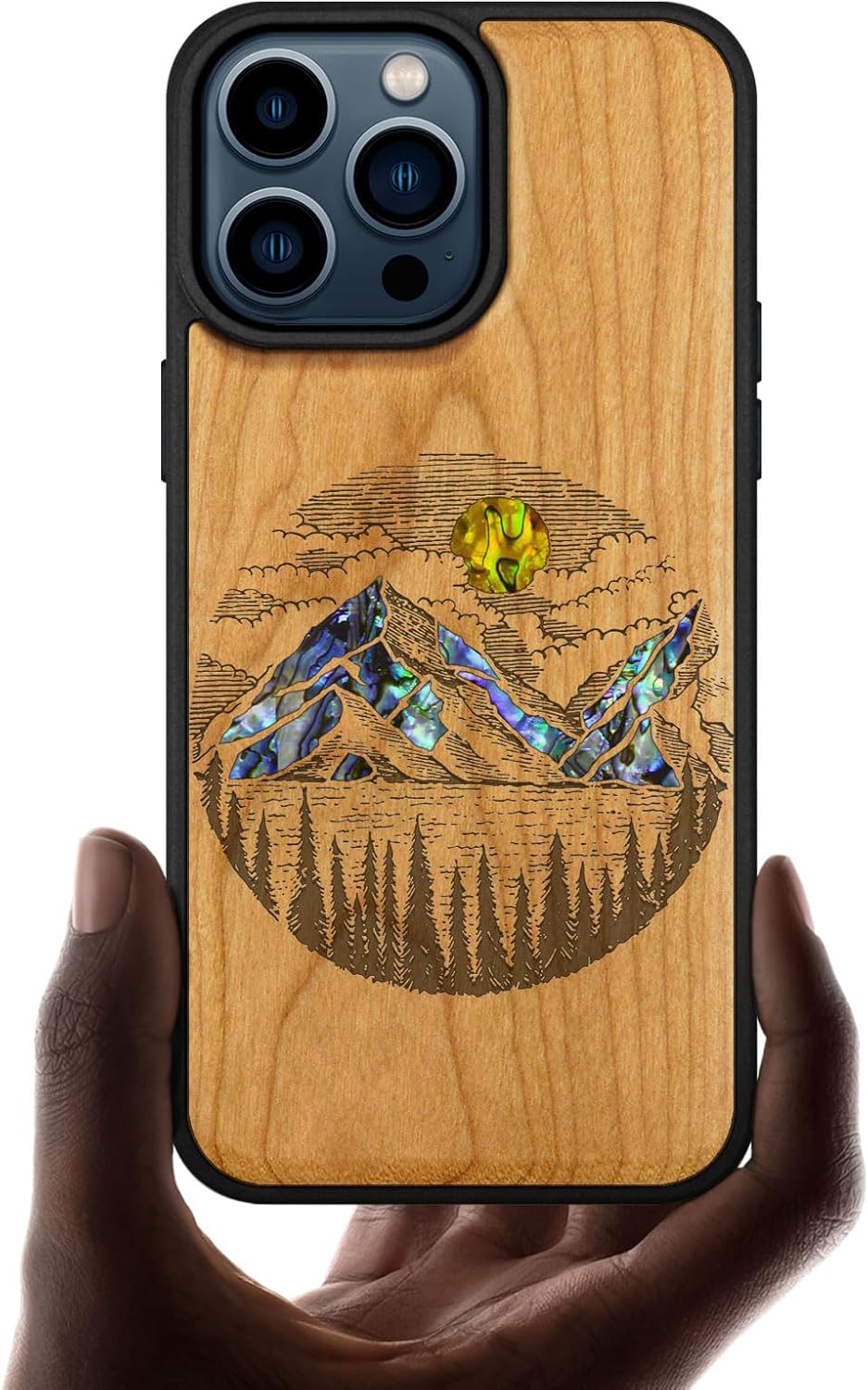 Carveit Wooden Case for iPhone 15 Pro Max Magnetic Case, Compatible with MagSafe Wireless Chargers, Shockproof Cover, Handmade Shell Inlaid & Wood Artisan Engraved (Alpine Lakes) Cherry