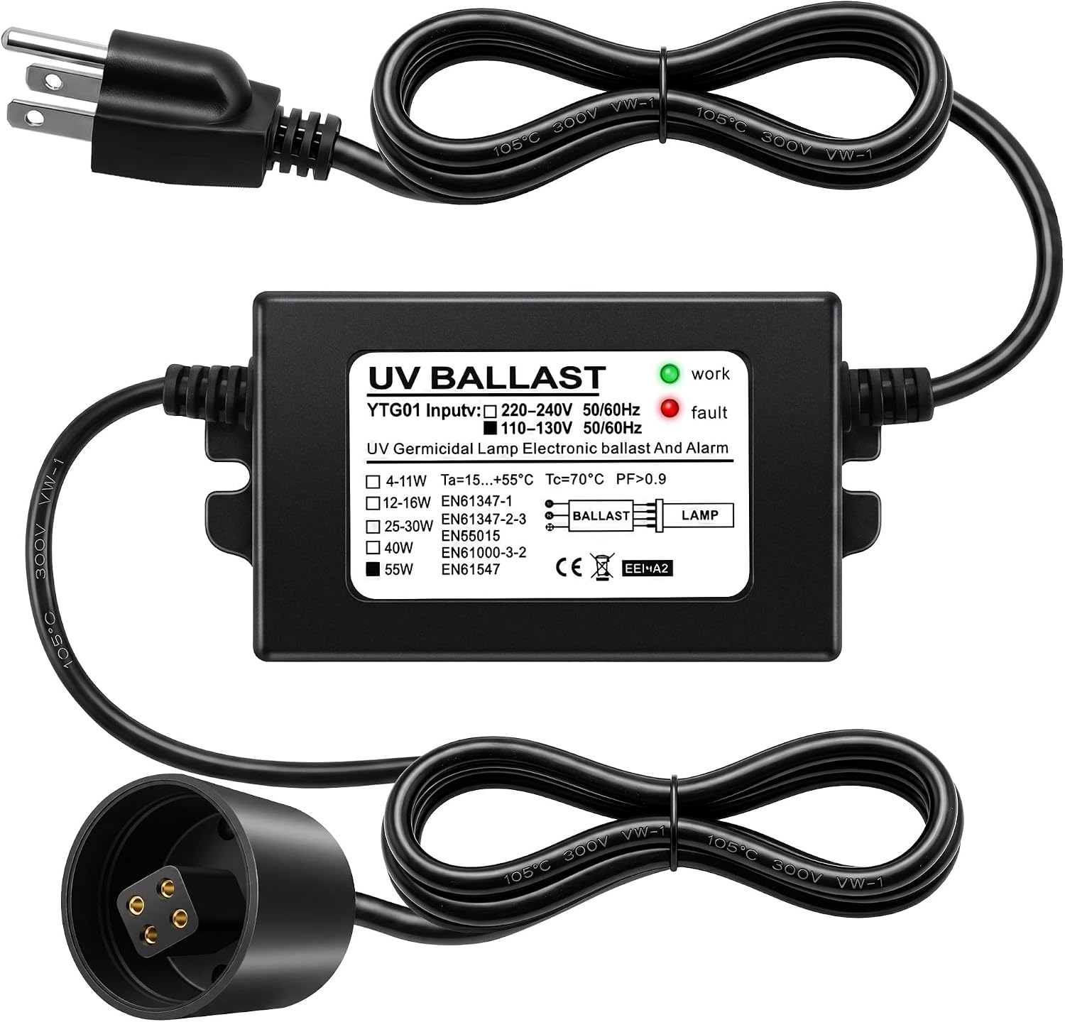 100-130V UV Light Ballast for 55W 12 GPM UV Light Water Sterilizer Systems | 4 Pin Ultraviolet Electronic Ballast, Green Red Indicator, Audible Alarm for Stable UVs Lamp Operation, Easy to Install