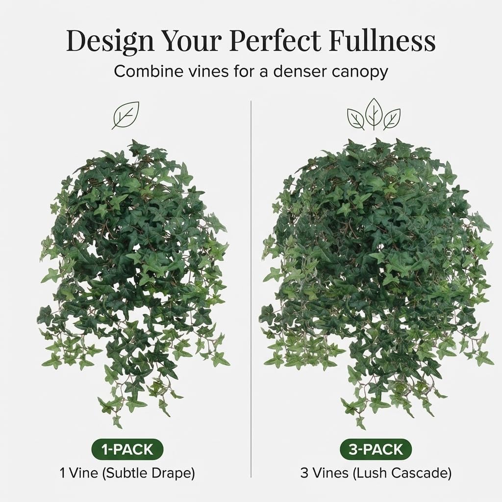 Larksilk 27" Cascading Artificial English Ivy – UV Resistant Faux Ivy Plant with 450 Green Leaves – Hanging Basket Vine for Outdoor Planter, Indoor Decor, Window Boxes, and Wall Accents