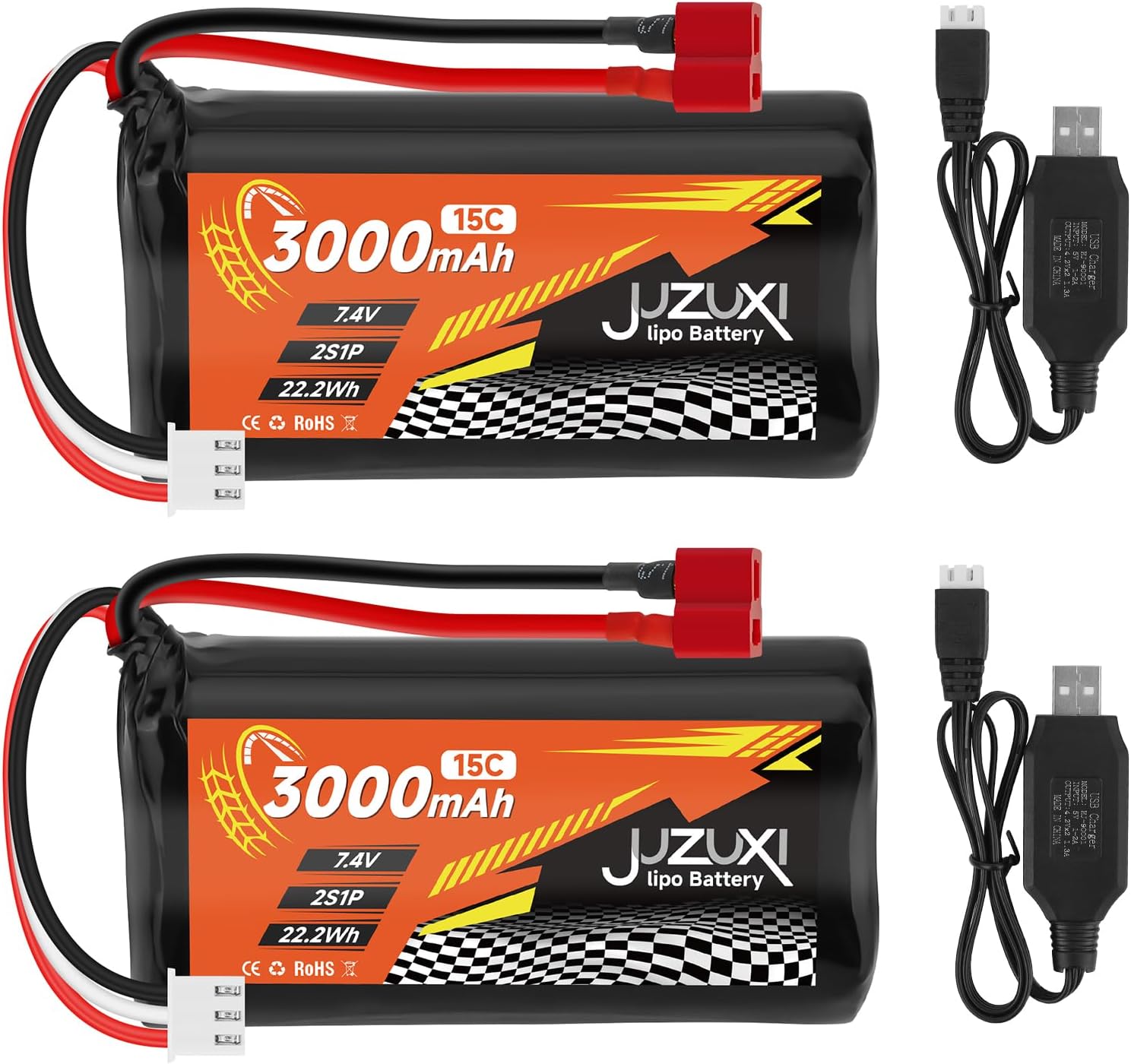7.4V Lipo Battery 3000mAh 2S 15C Rechargeable Lithium Ion Batteries with XH & T Connector and 2Pcs Chargers Compatible with WLtoys 12423 MJX 14301 14302 14303 H16PL RC Cars Truck Boat