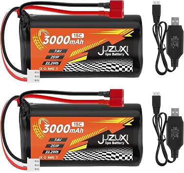 7.4V Lipo Battery 3000mAh 2S 15C Rechargeable Lithium Ion Batteries with XH & T Connector and 2Pcs Chargers Compatible with WLtoys 12423 MJX 14301 14302 14303 H16PL RC Cars Truck Boat