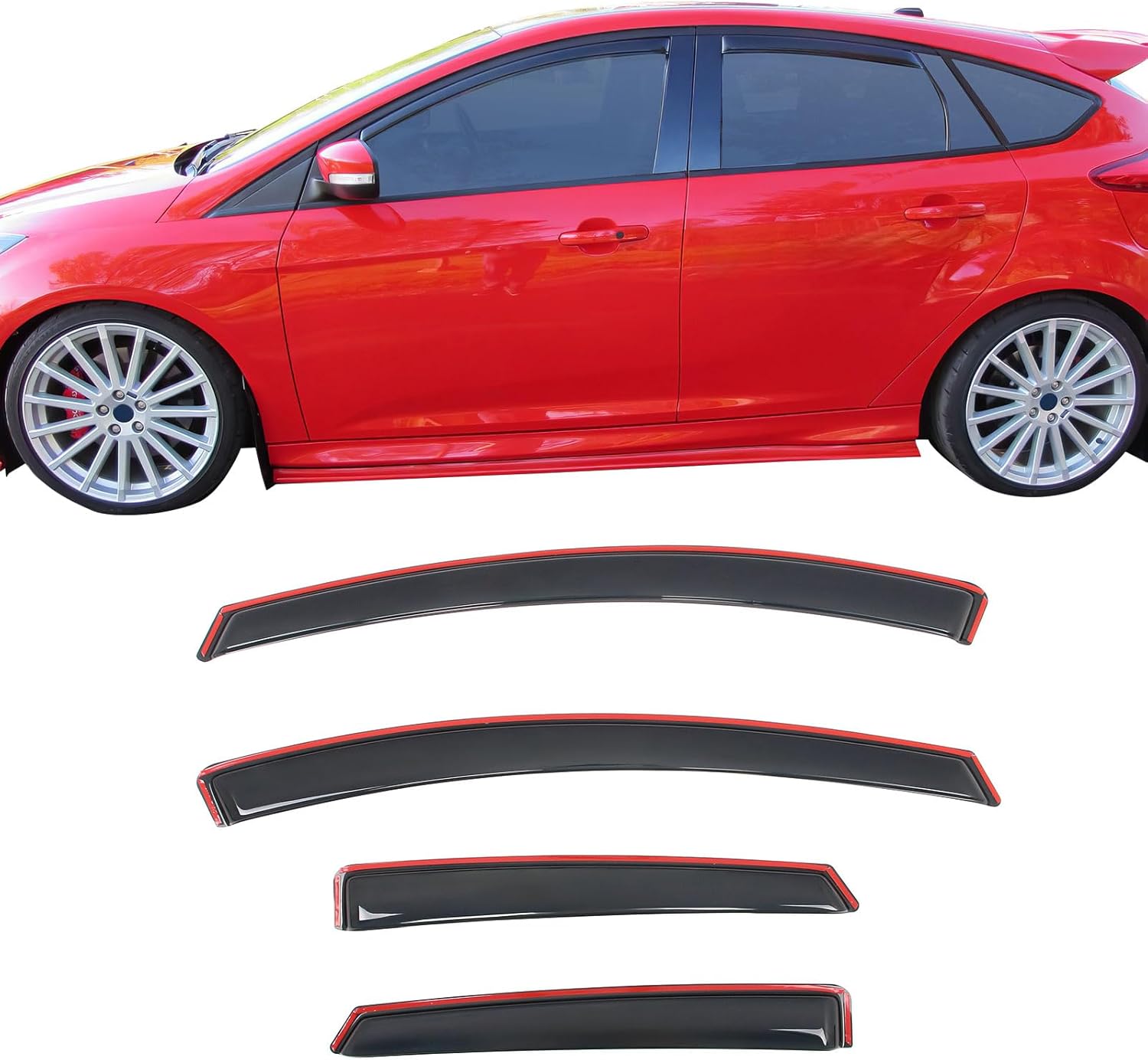 IKON MOTORSPORTS in Channel Window Visors Compatible with 2012-2018 Ford Focus 4-Door Sedan & 5-Door Hatchback, Slim Style Acrylic Smoke Rain Guards, Side Window Wind Deflectors 4PCS