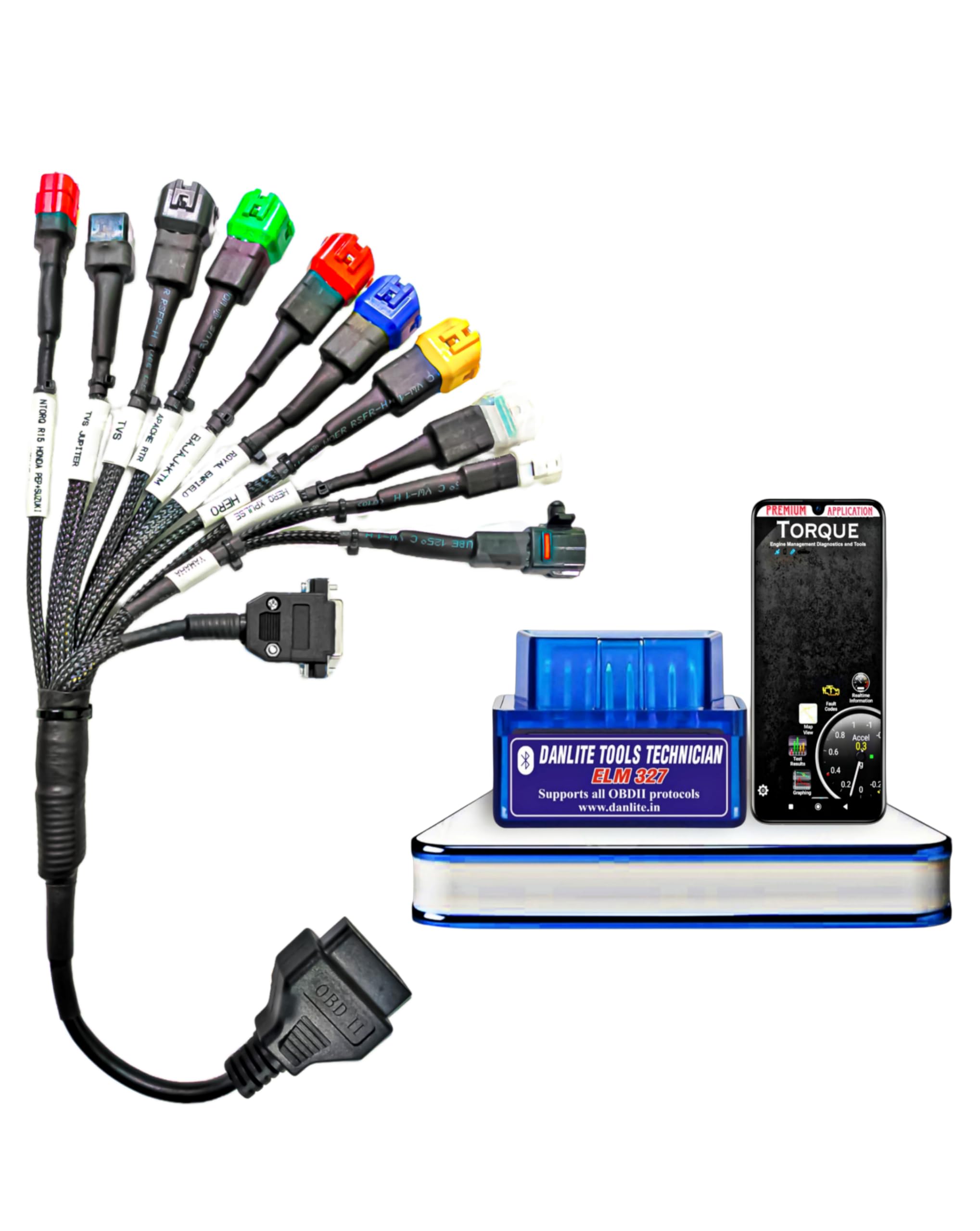 DANLITE Bs6 Bike Cable All OBD Universal Cable with Fast Connectivity Work with All bs6 Bikes Multicolors Cable OBD Free(11 COUPLAR CONNECTIVITY) Free Continuity Tester