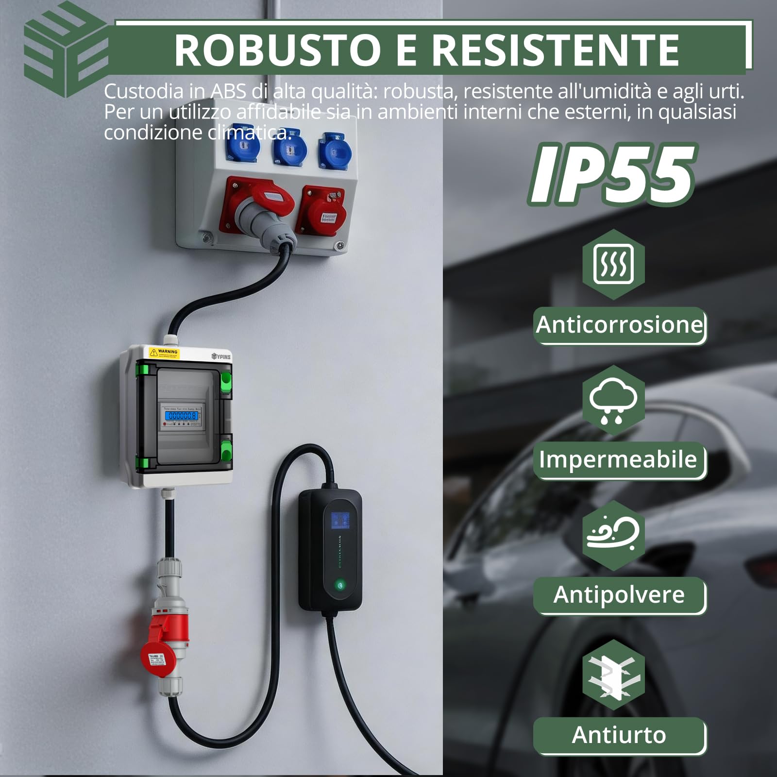 EYPINS Cyfrowy licznik prądu CEE gniazdko 16 A 400 V, IP55 licznik prądu trójfazowego z funkcją resetowania, miernik kosztów energii z wtyczką CEE 16 A i sprzęgłem (2 m) do przyczep kempingowych