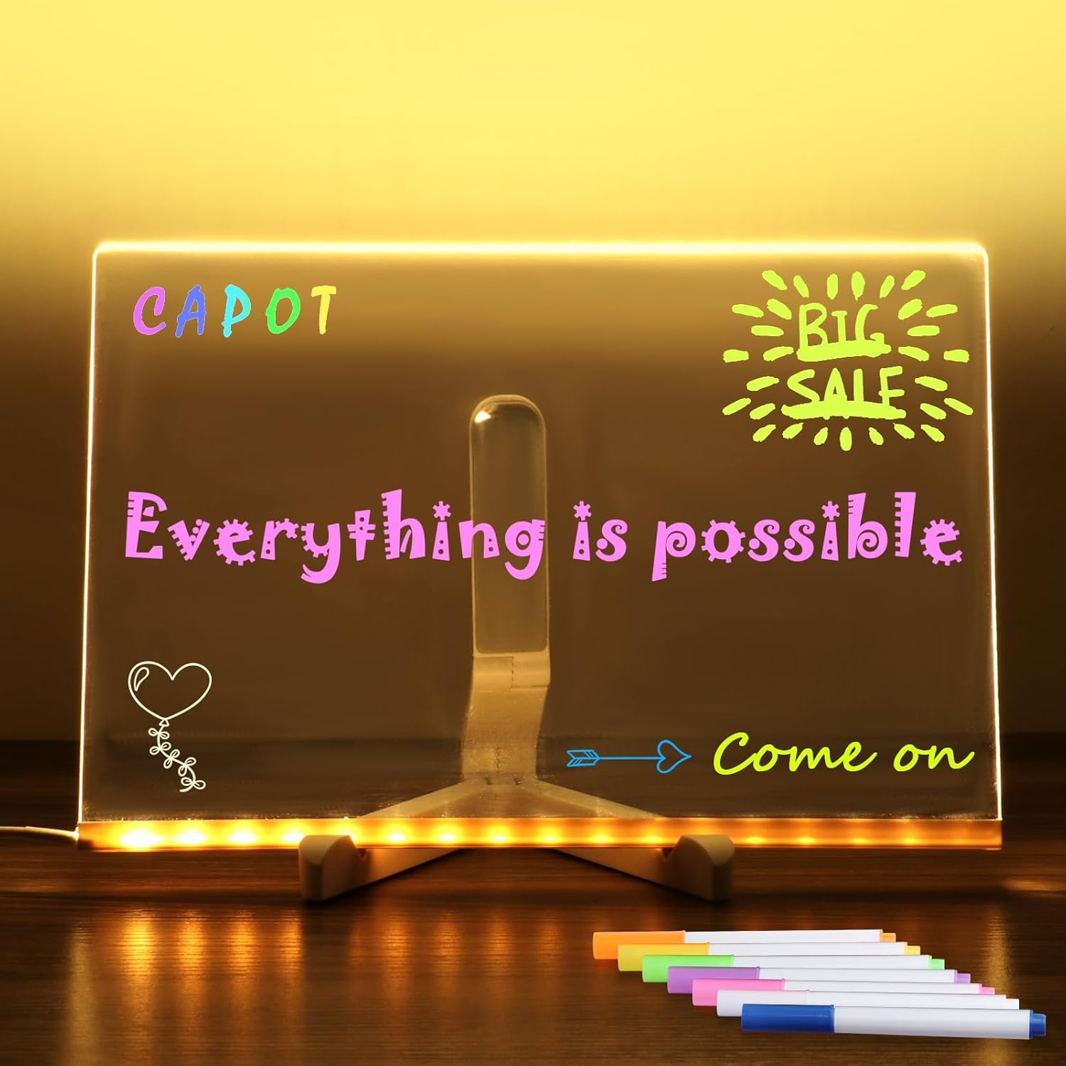 Tableau Lumineux LED En Acrylique – 30x20 Cm, 7 Stylos De Couleur, Effaçable – Pour Dessin, Messages, Bureau, Enfant