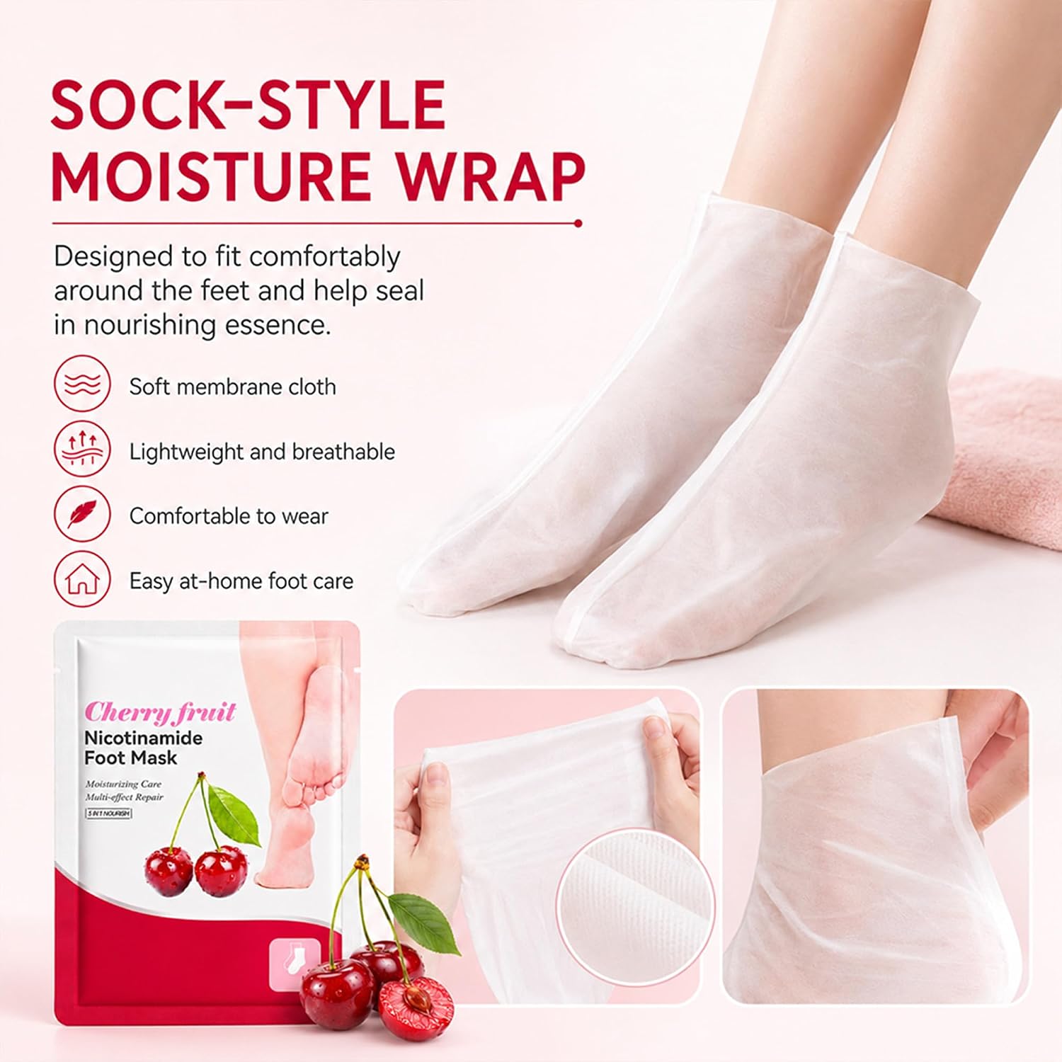Cherry Foot Masks that Remove Dead Skin, Foot Peeling Mask Extra Strength | Foot Exfoliating Mask with Niacinamide & Sodium Hyaluronate, Moisturizing Foot Care Mask for Dry Rough Feet Soft Smooth Feel