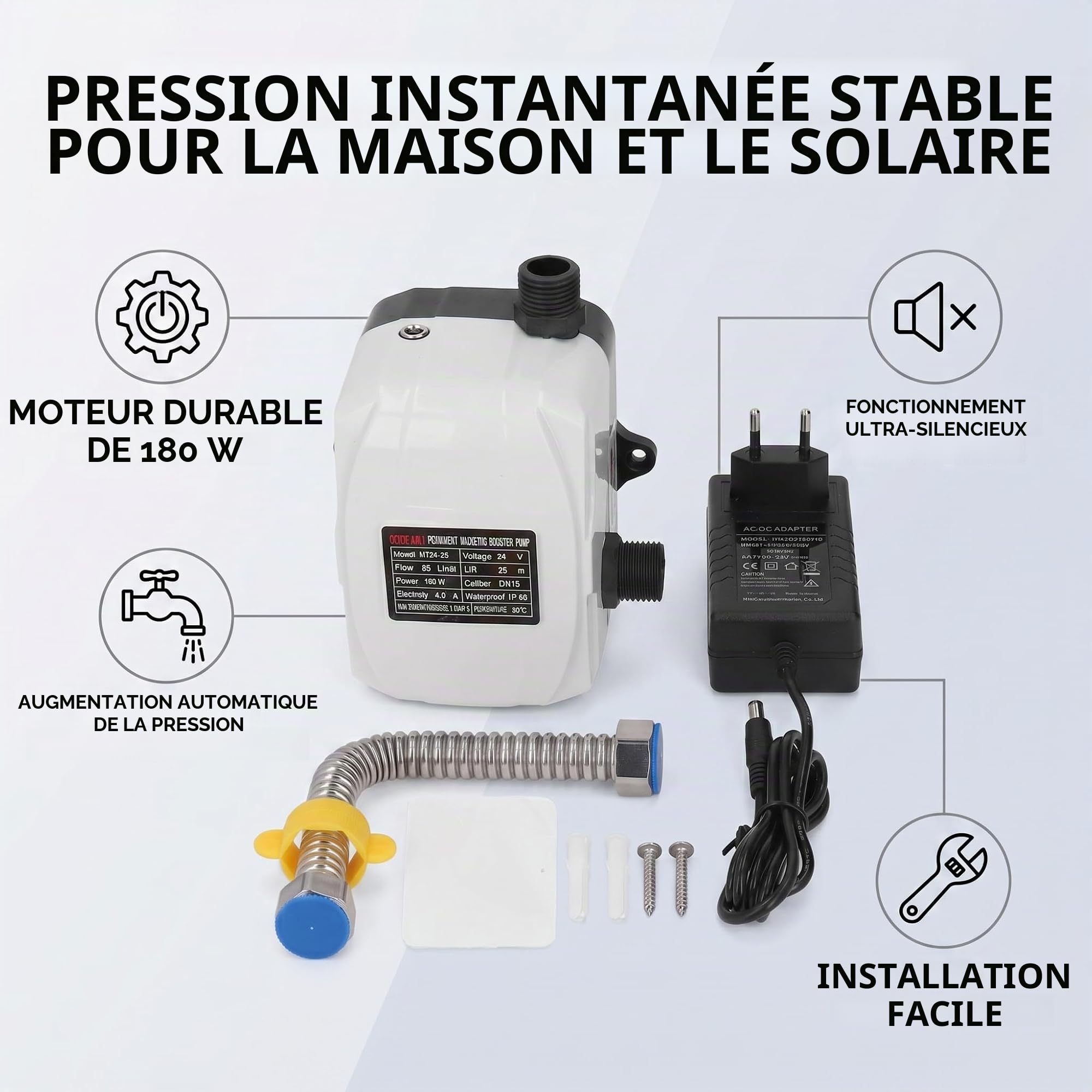 Pompe de Surpression Automatique 180W DN15 Pompe Intelligente Start/Stop à Faible Bruit avec Protection Basse Pression pour Évier Douche DC24V avec Adaptateur AC 100-240V Prise EU