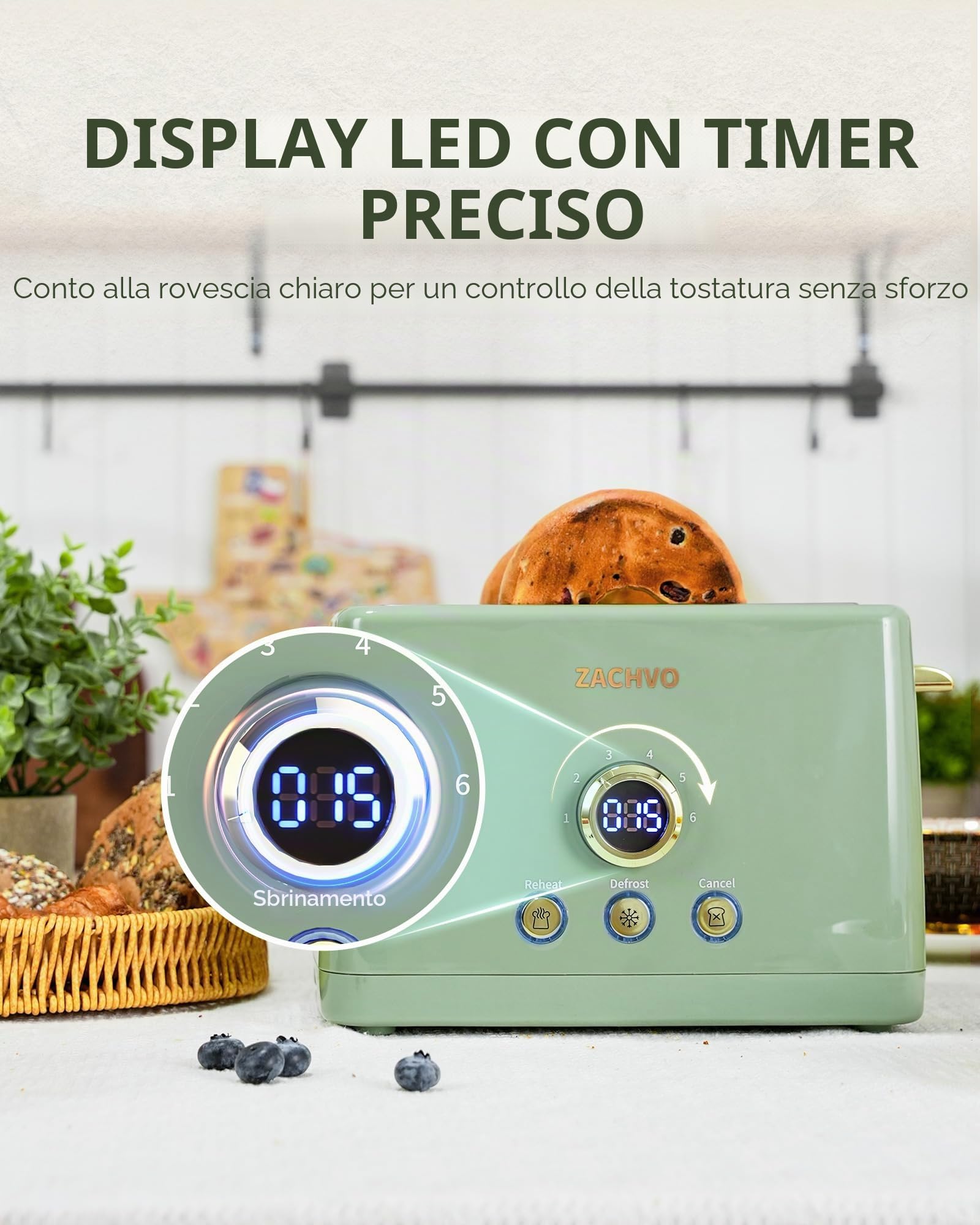 Tostapane 2 fette, ZachVO tostapane con inserto per panini, 6 livelli di doratura, cassetto raccoglibriciole rimovibile da 850 W, schermo a LED, High Lift, riscaldamento, scongelamento, funzione di