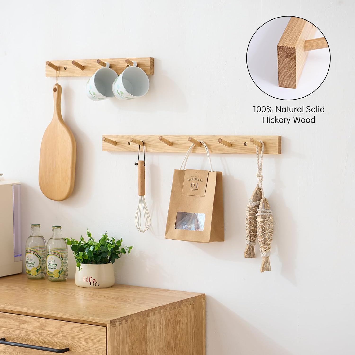 Hickory Wood Coat Rack Wall Mount, 20 Inch Coat Hook Hanger Wooden Wall Coat Rack with 5 Hooks for Purse Clothes Towels Hats in Entryway Bedroom Bathroom, Natural