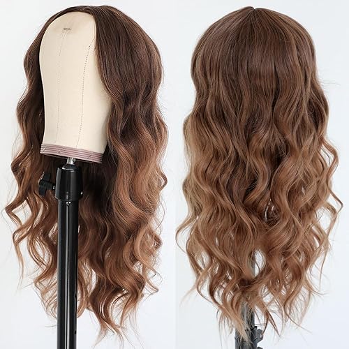 Miniatura 2 de QD-Tizer Pelucas largas onduladas de color marrón degradado para mujer, peluca rizada de color marrón caramelo, pelucas de repuesto de cabello