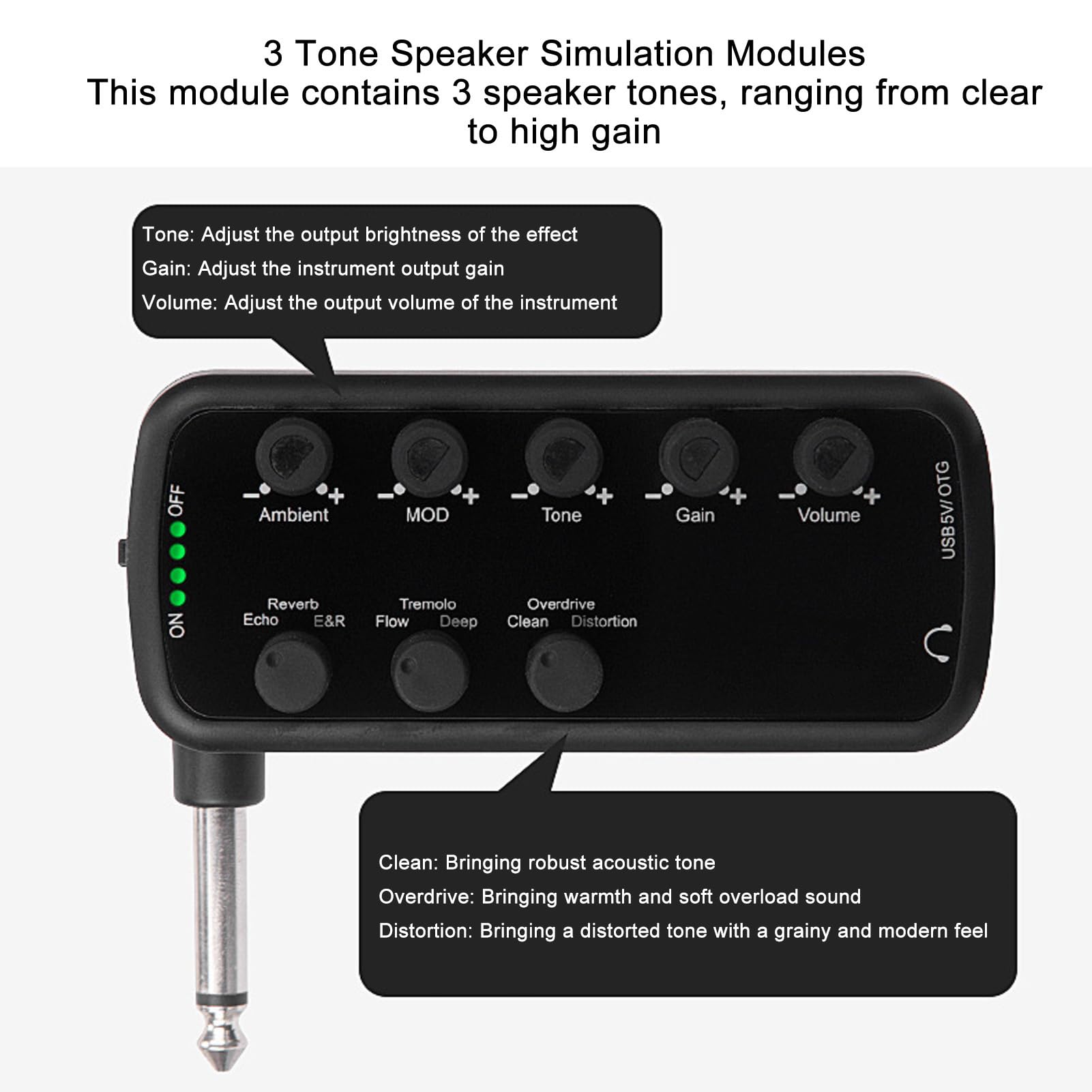 Amplificador de Auriculares para Guitarra Eléctrica Recargable con Distorsión de Sobrecarga, Retardo de Timbre, Efecto de Reverberación, Coro y Trémolo USB