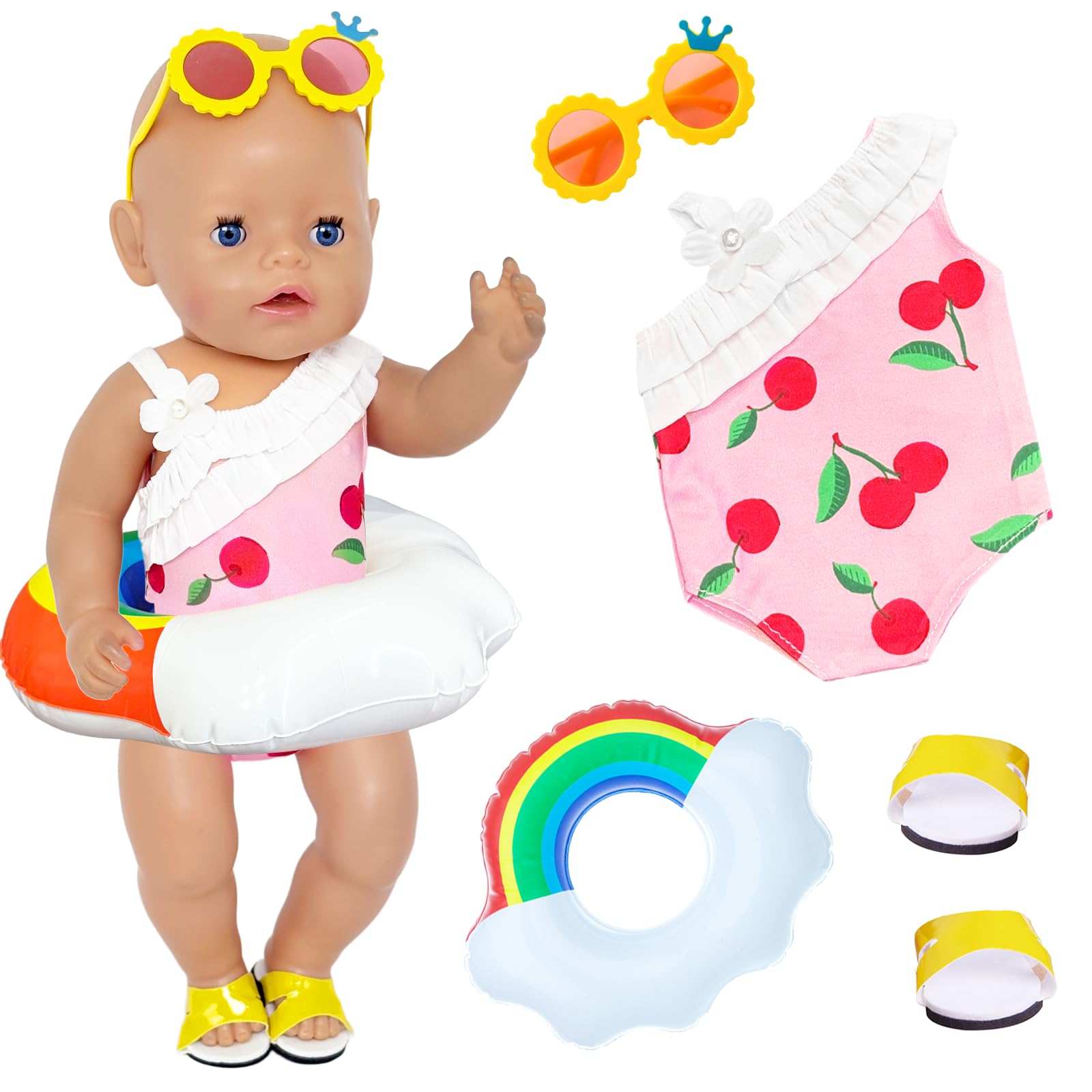 4 Pcs Baby Doll Swimming Set for 14-18 Inch Dolls, Cherries Baby Doll