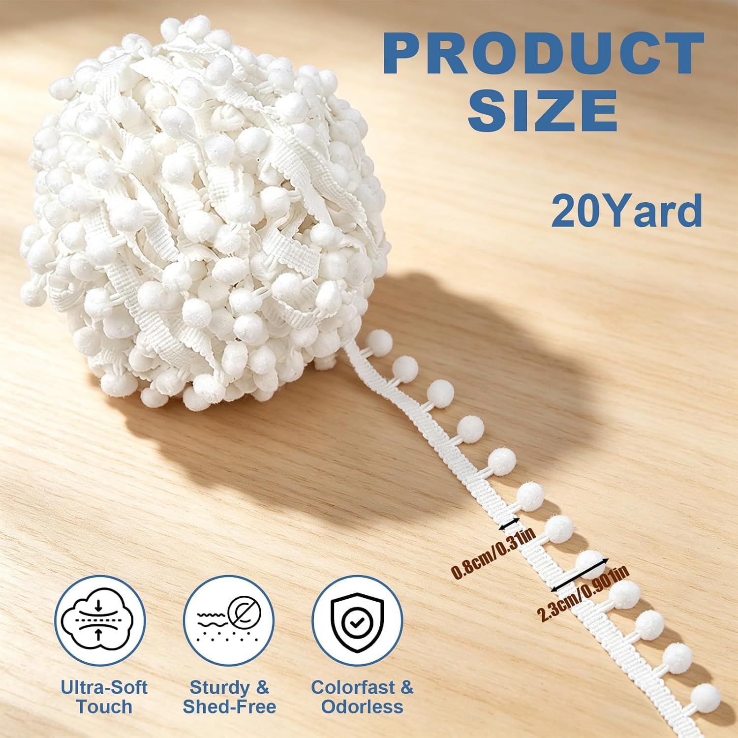 20 Yards White Pom Pom Trim Ribbon - Cuttable Soft Trim Fringe Pompoms